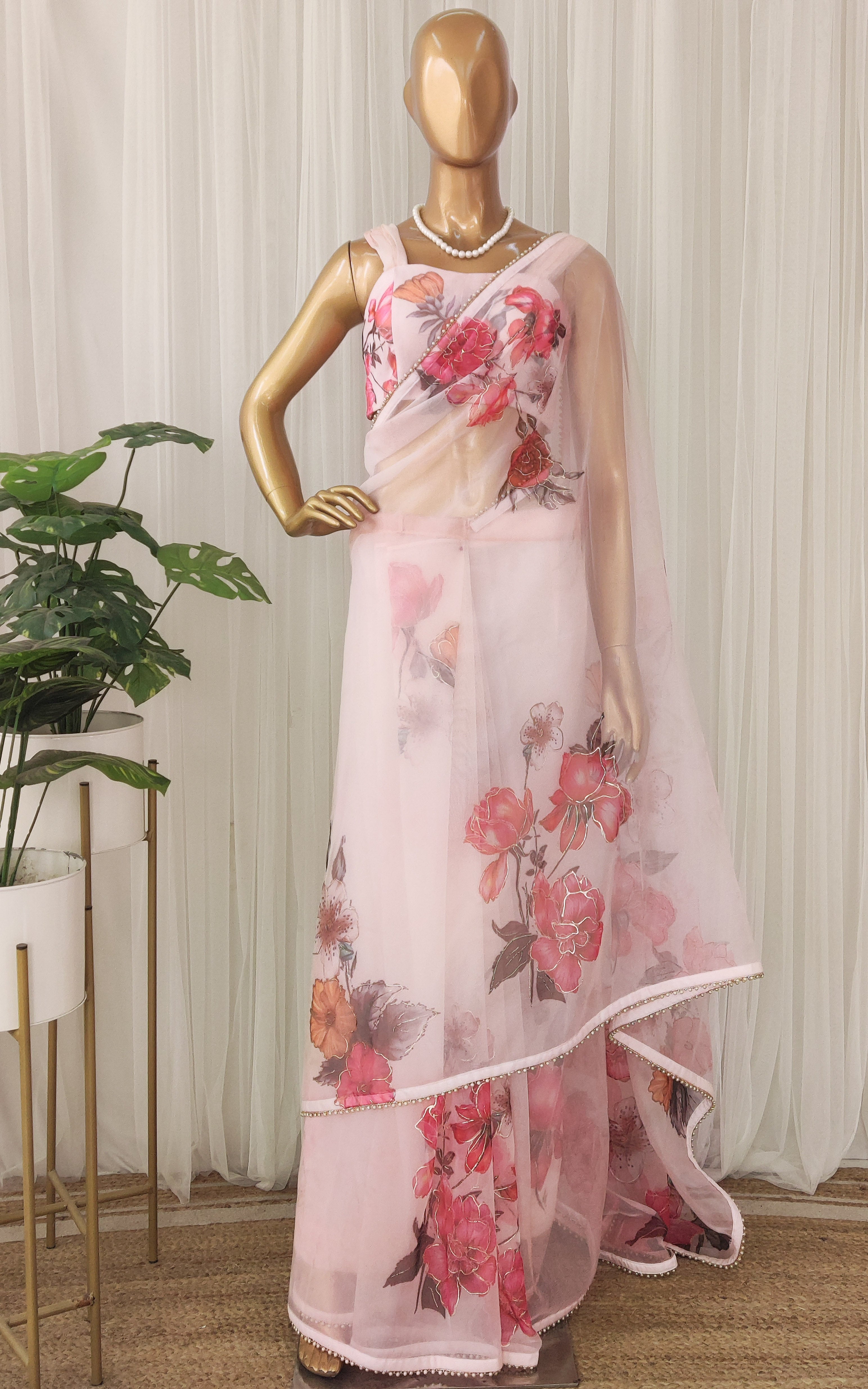 Blush Peonies Handpainted Floral Organza Handpainted Saree