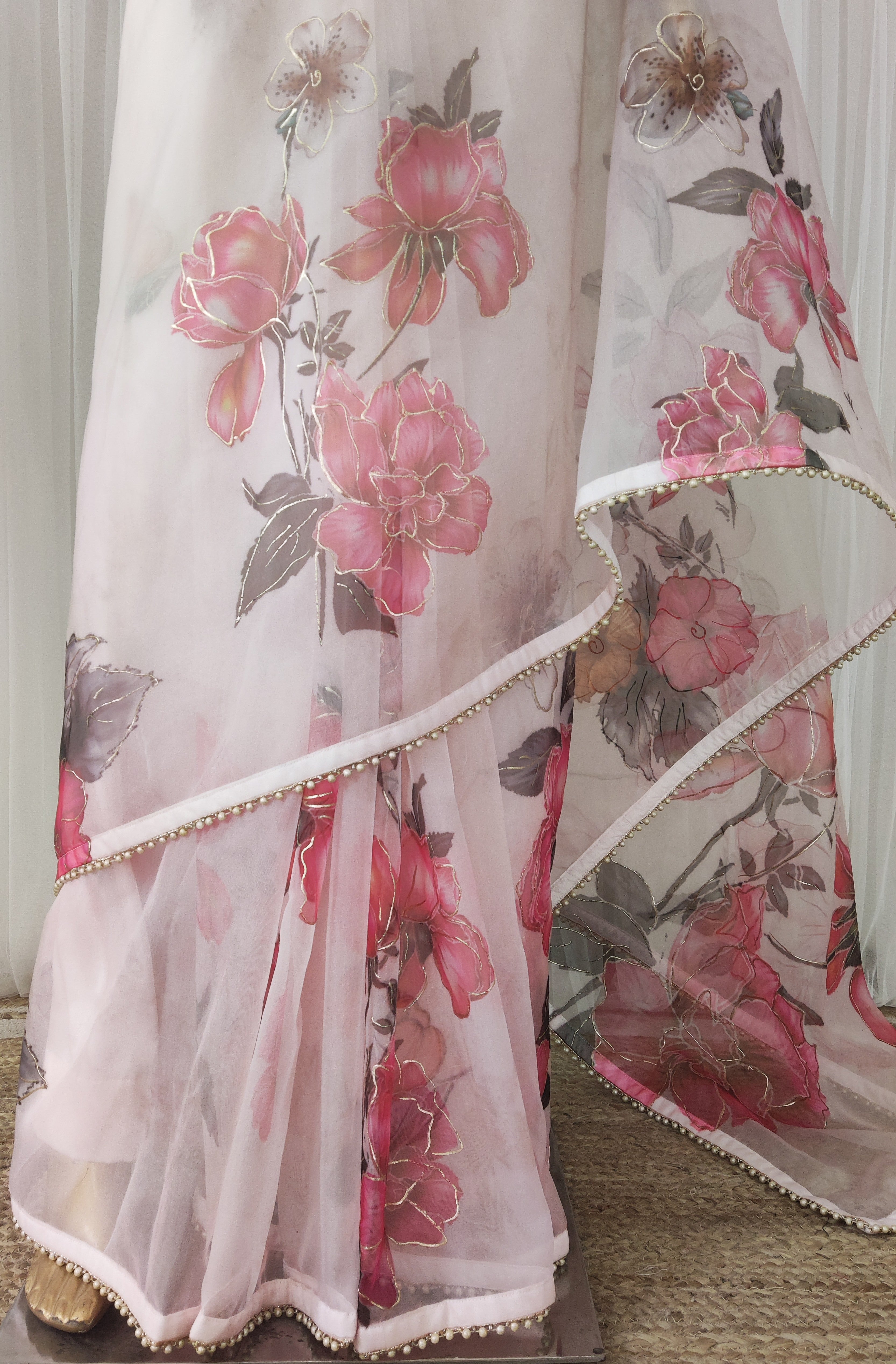 Blush Peonies Handpainted Floral Organza Handpainted Saree