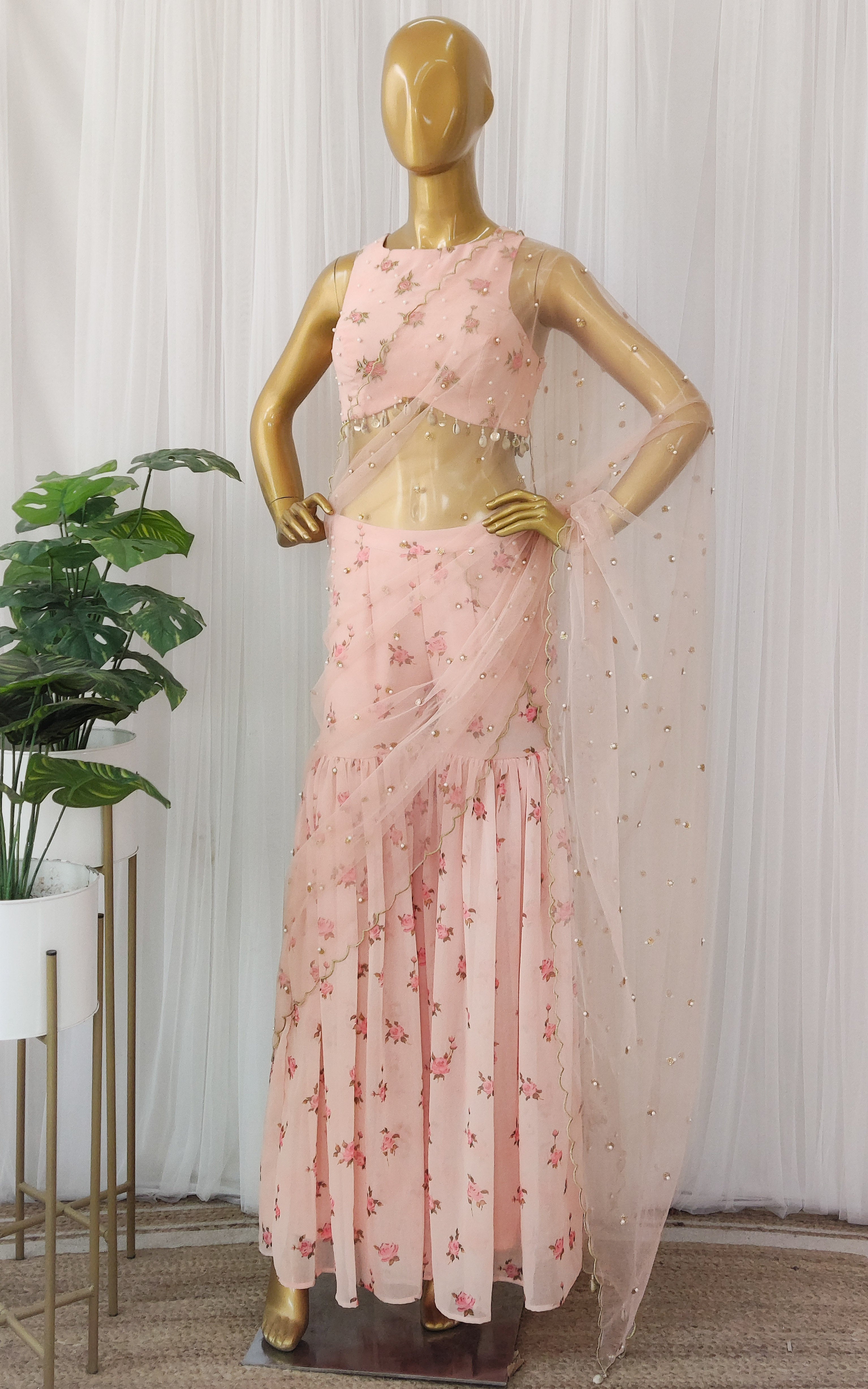 Ankita Arora Desert Rose Sharara Saree with Pearl Handwork Crop-top