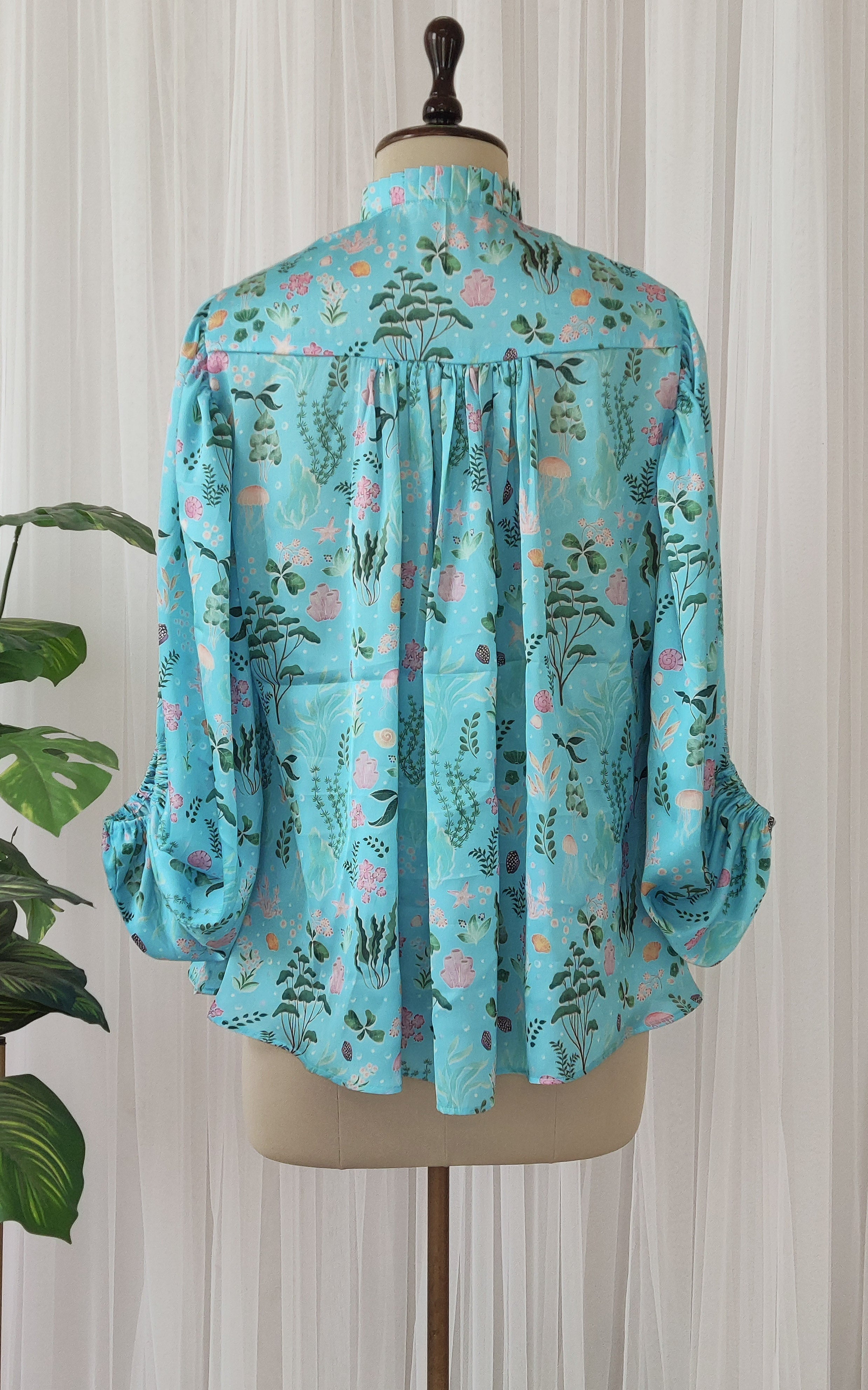 Turquoise Aquatic Print Satin Top