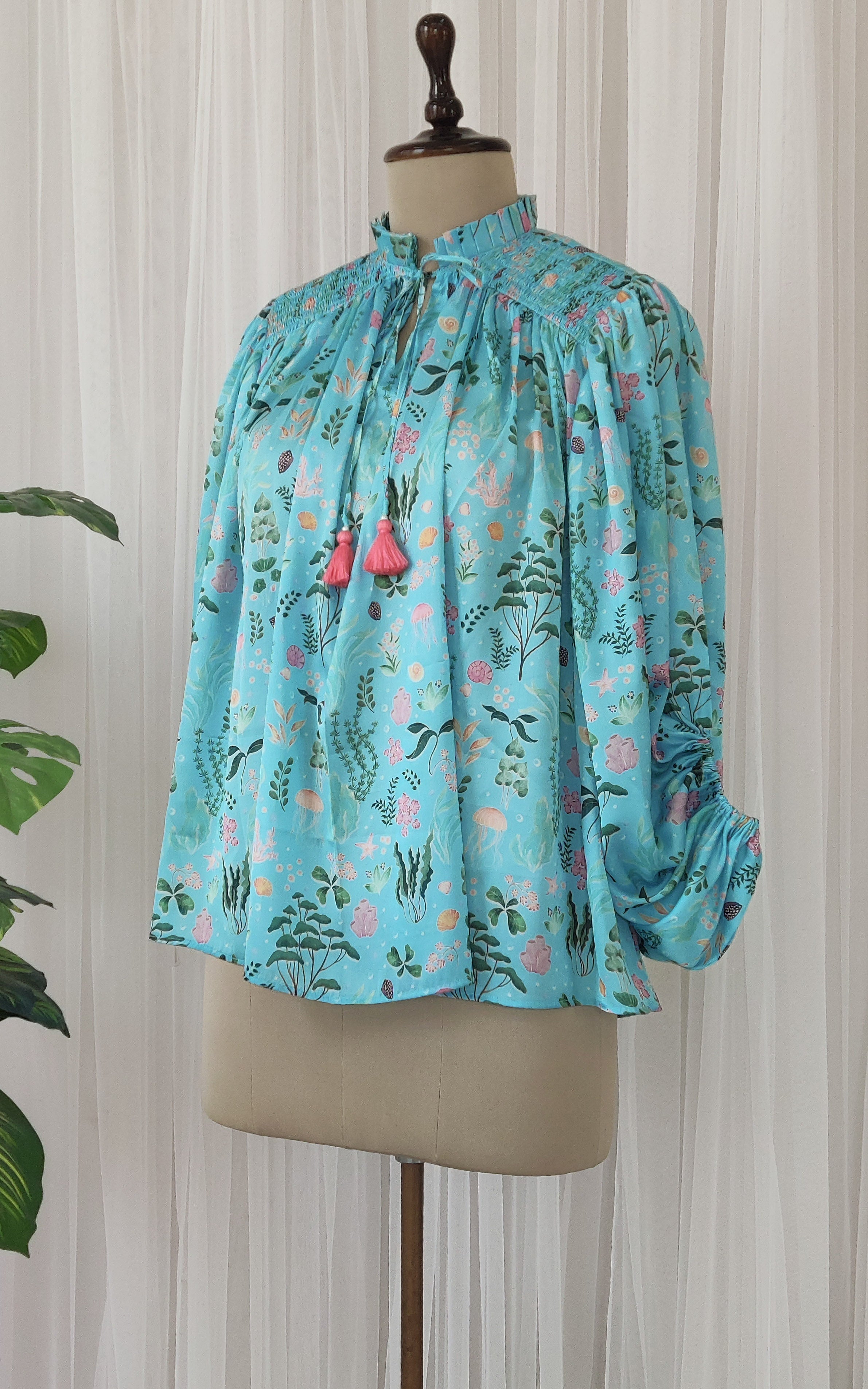 Turquoise Aquatic Print Satin Top