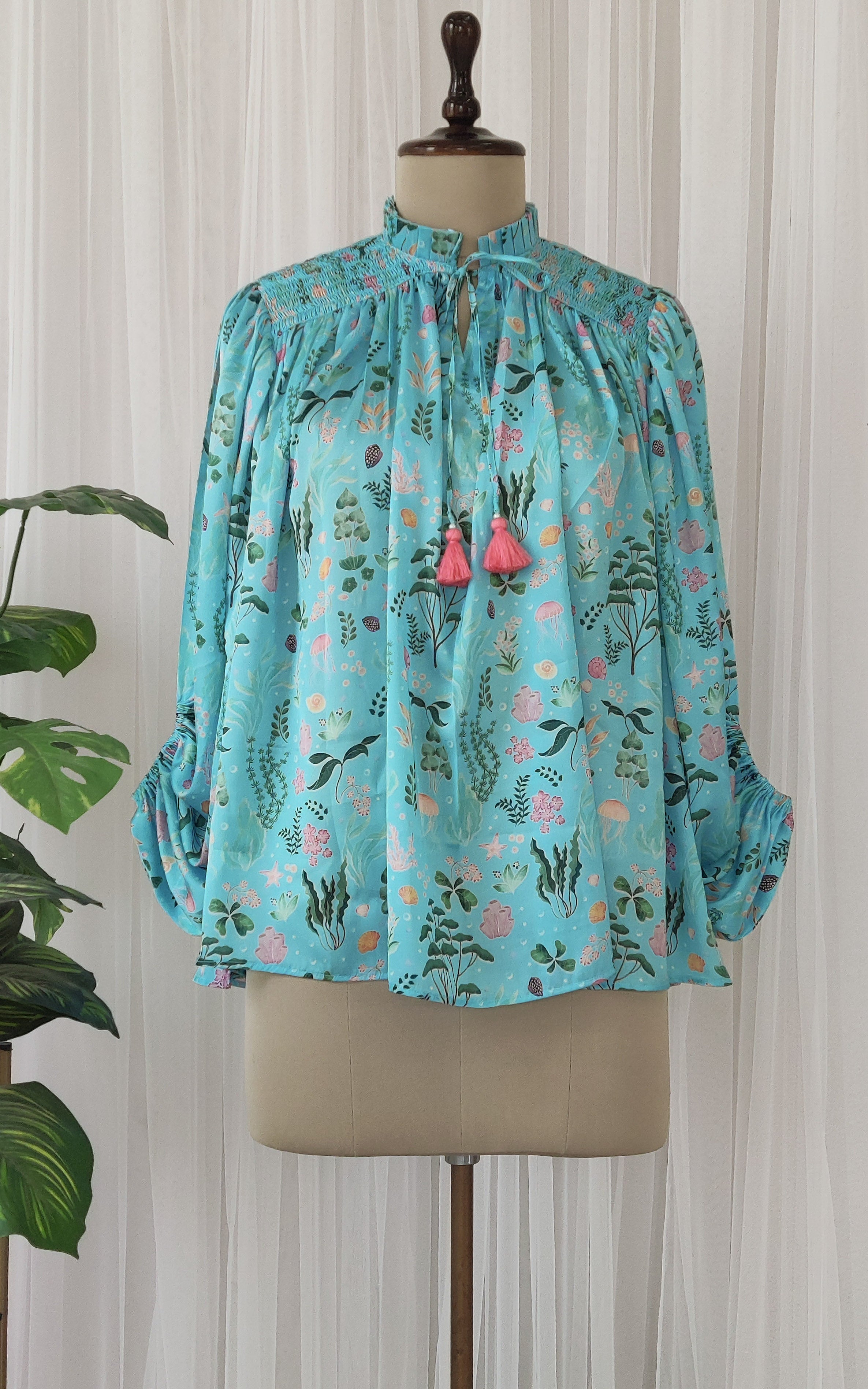 Turquoise Aquatic Print Satin Top