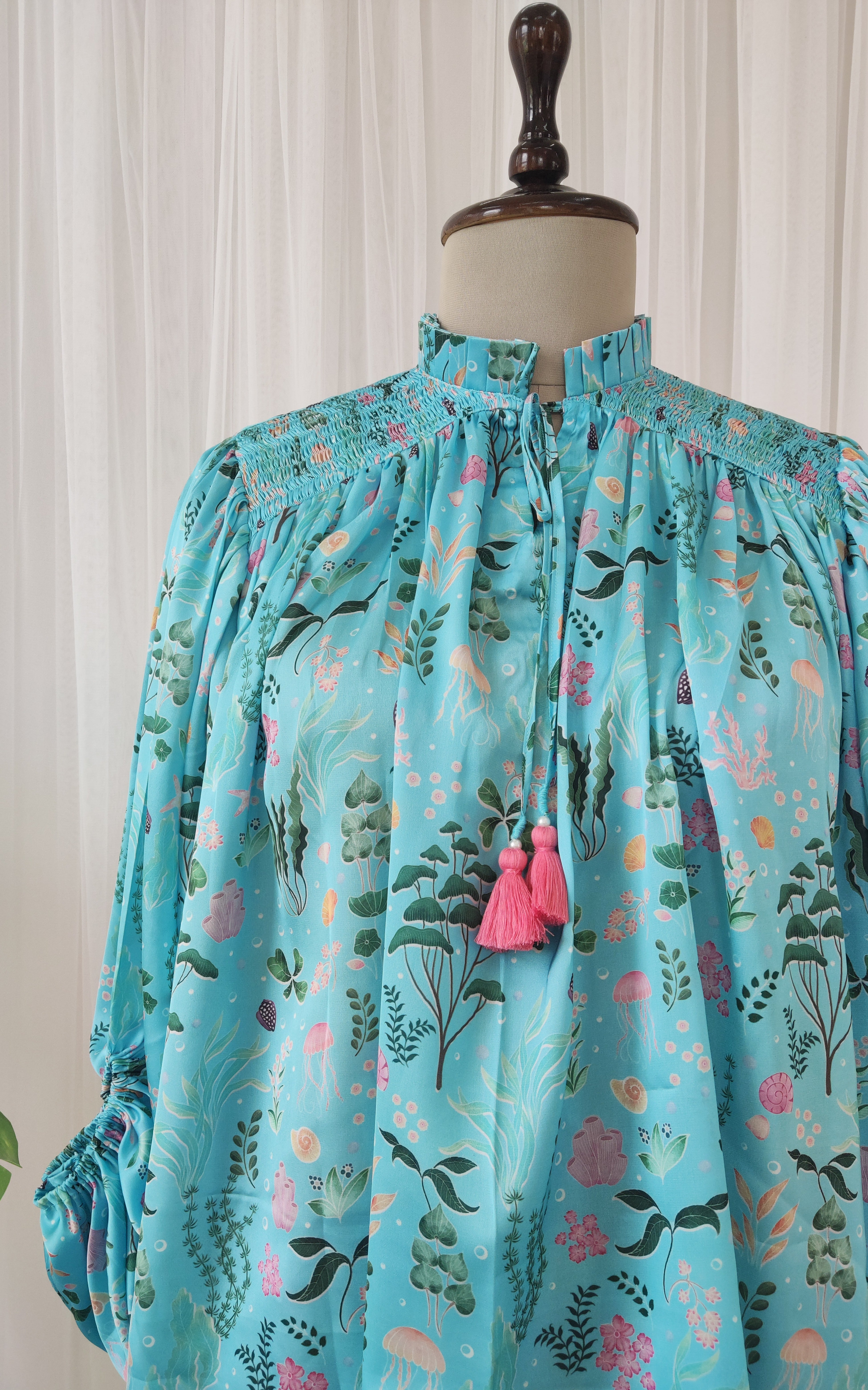 Turquoise Aquatic Print Satin Top