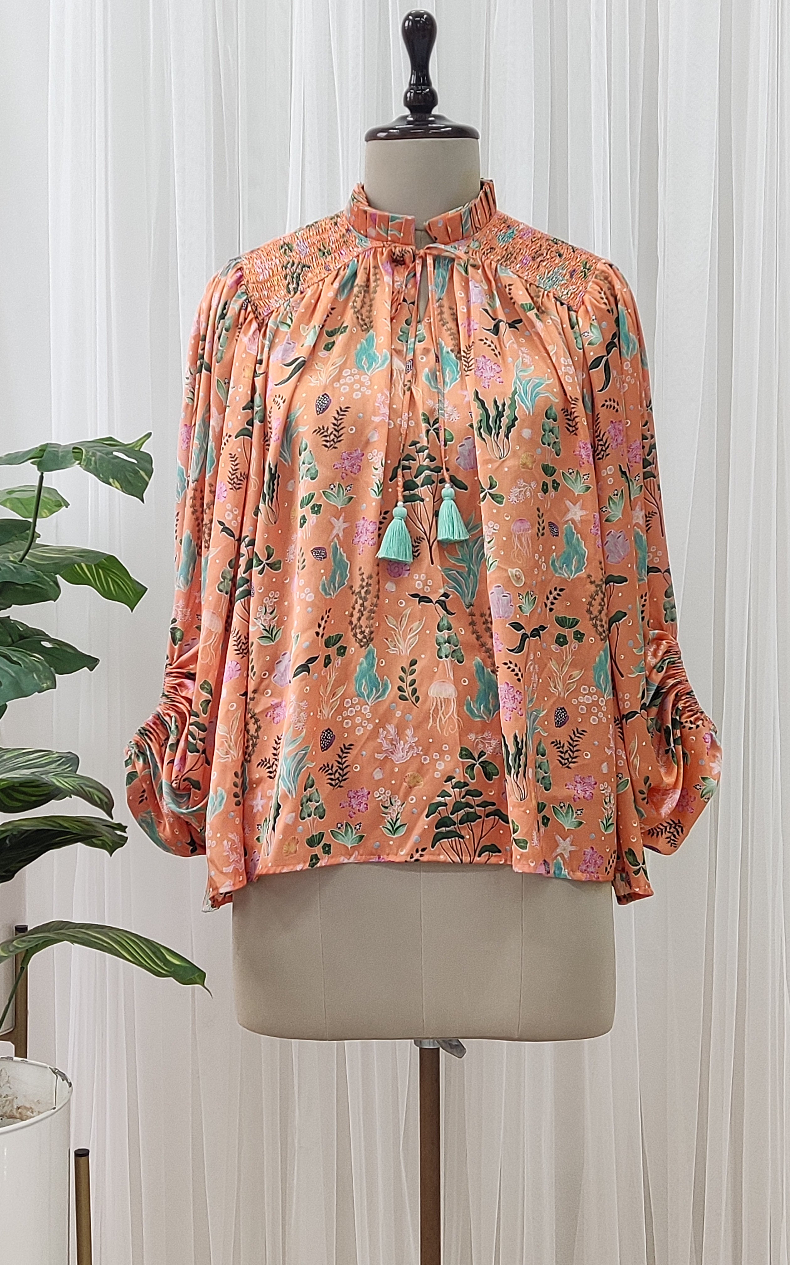 Orange Aquatic Print Satin Top