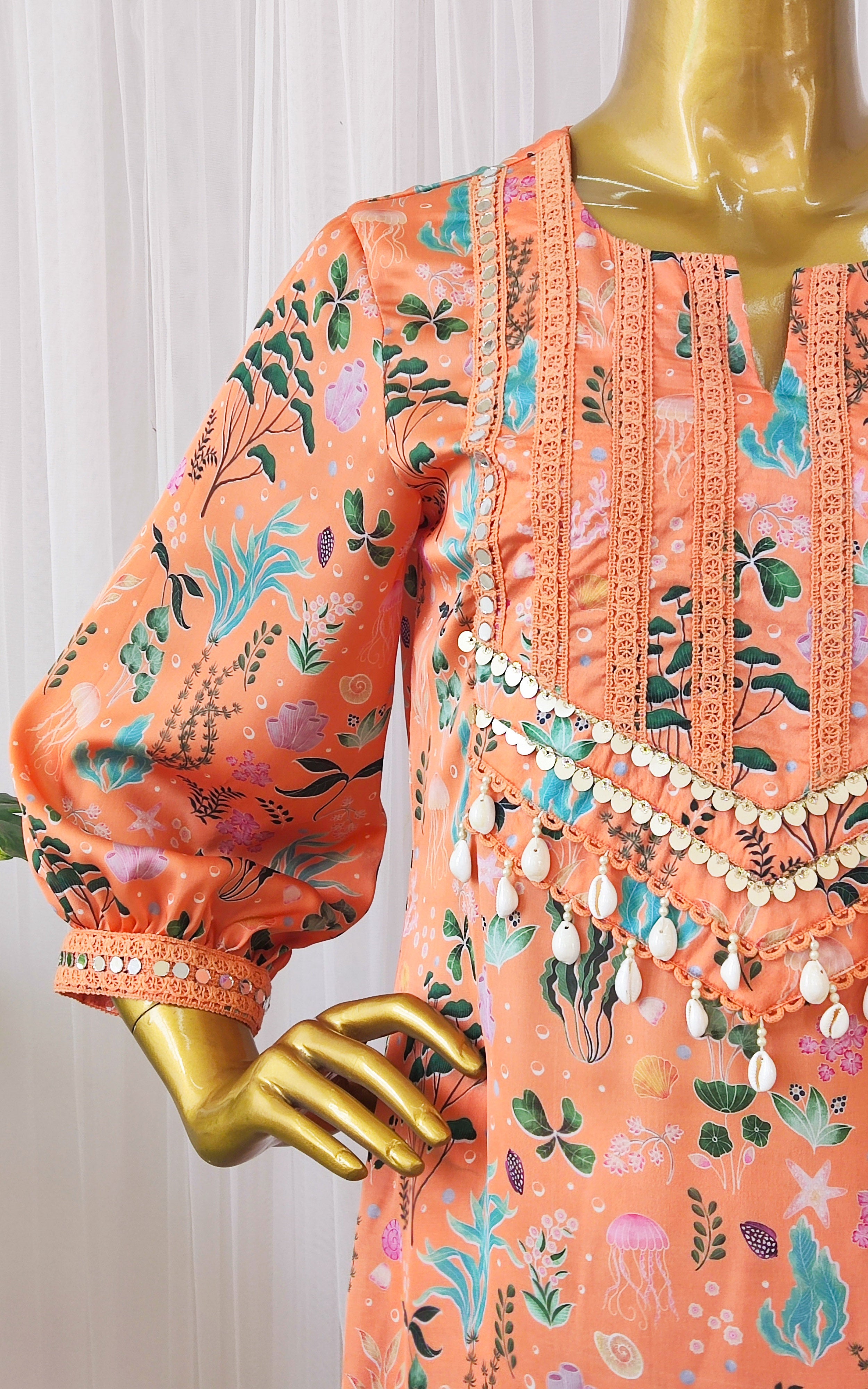 Orange Aquatic Print Kurta Pant Co-ord Set