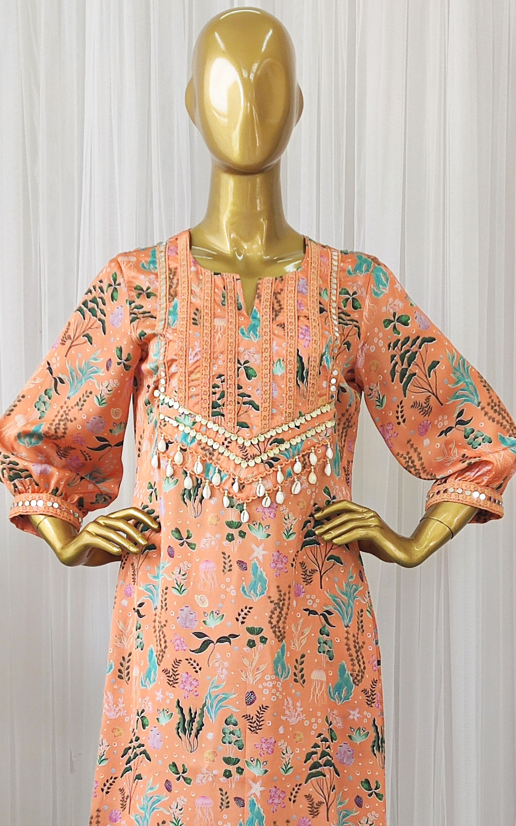 Orange Aquatic Print Kurta Pant Co-ord Set