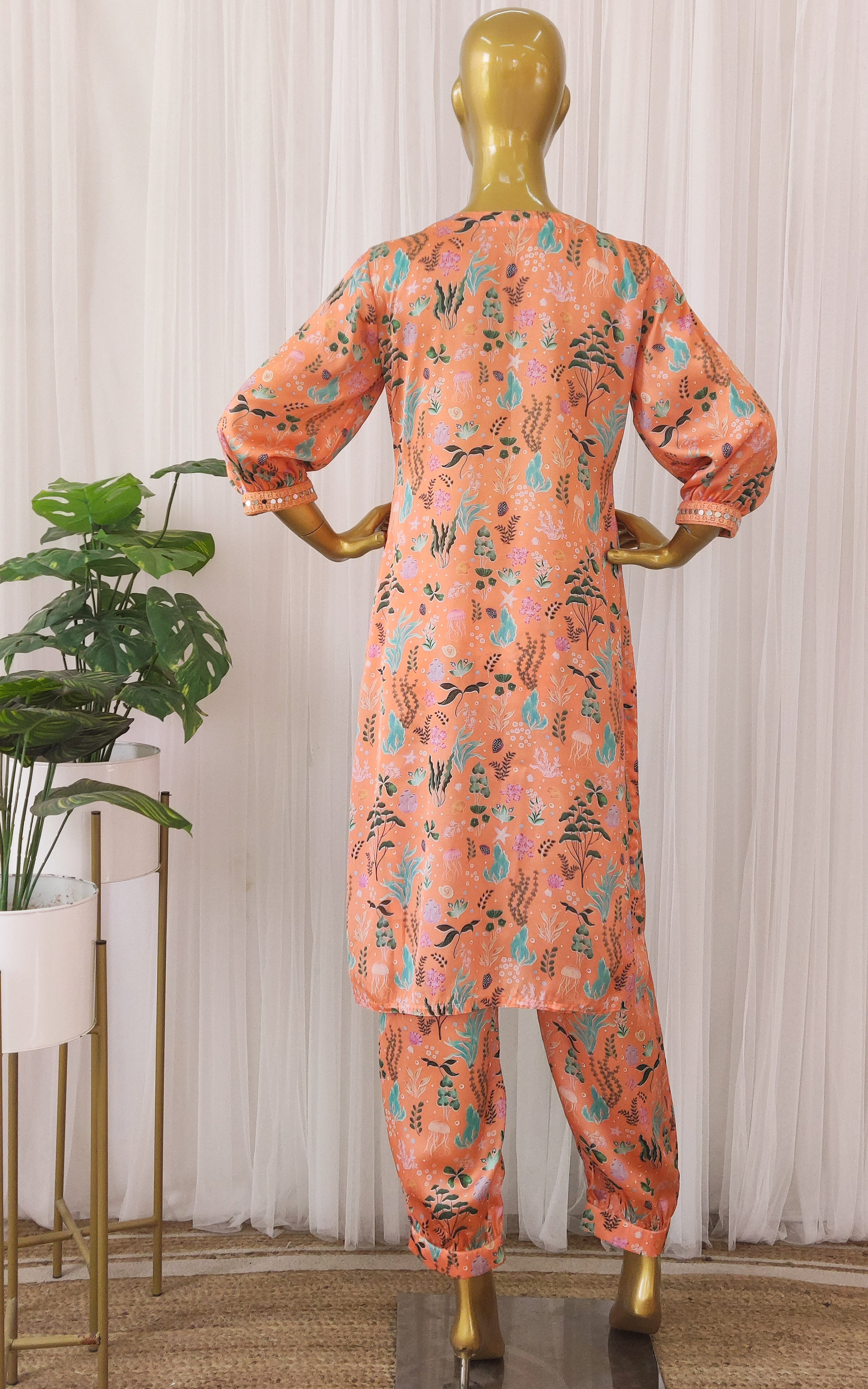 Orange Aquatic Print Kurta Pant Co-ord Set