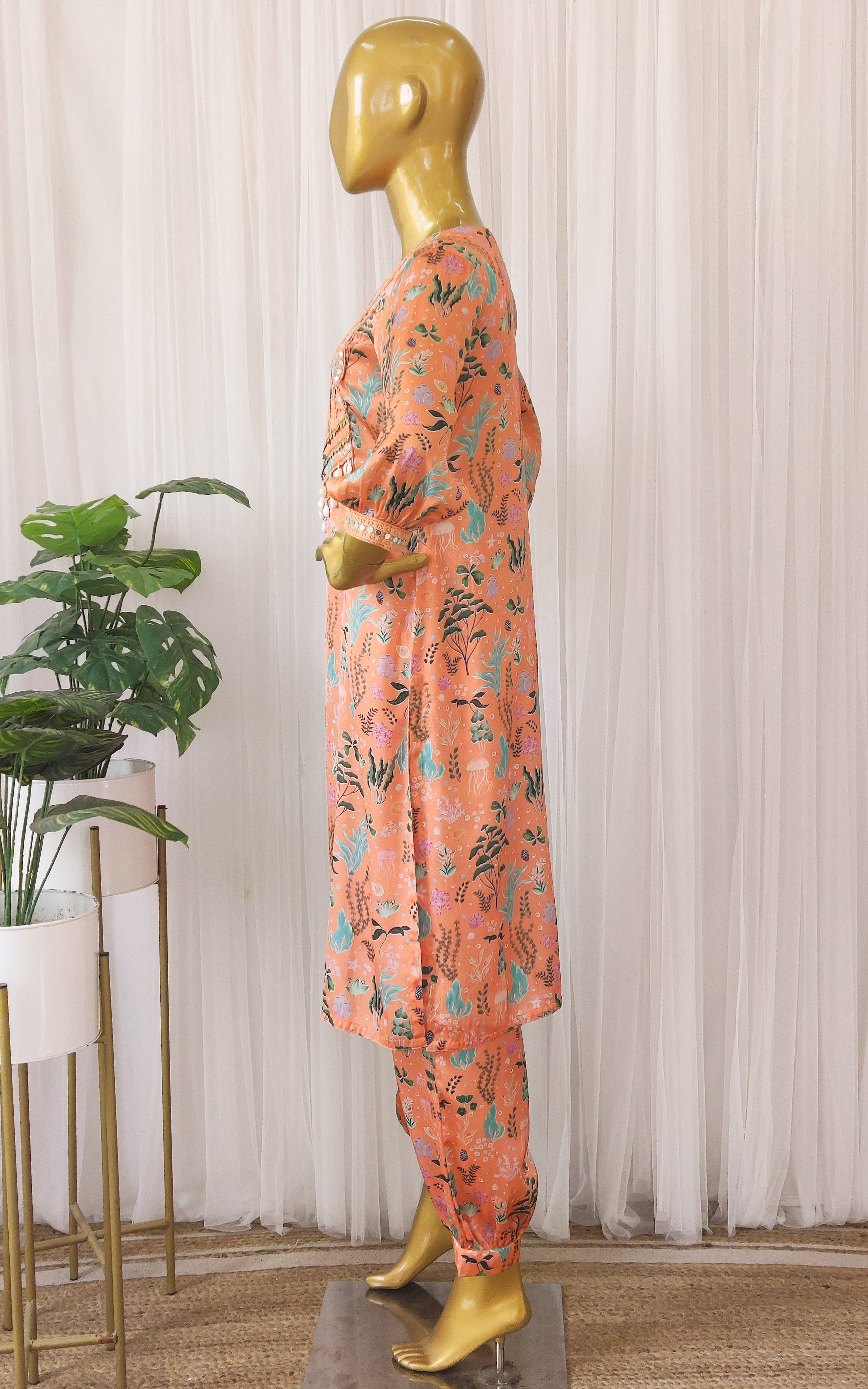 Orange Aquatic Print Kurta Pant Co-ord Set