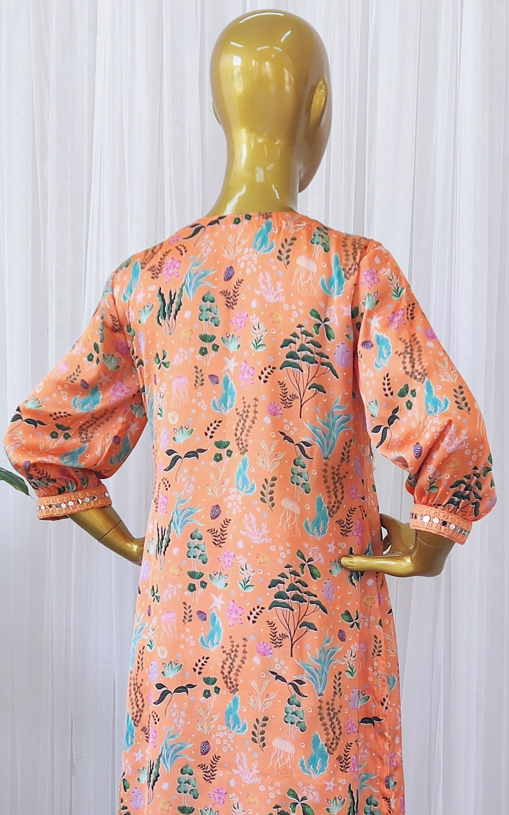 Orange Aquatic Print Kurta Pant Co-ord Set