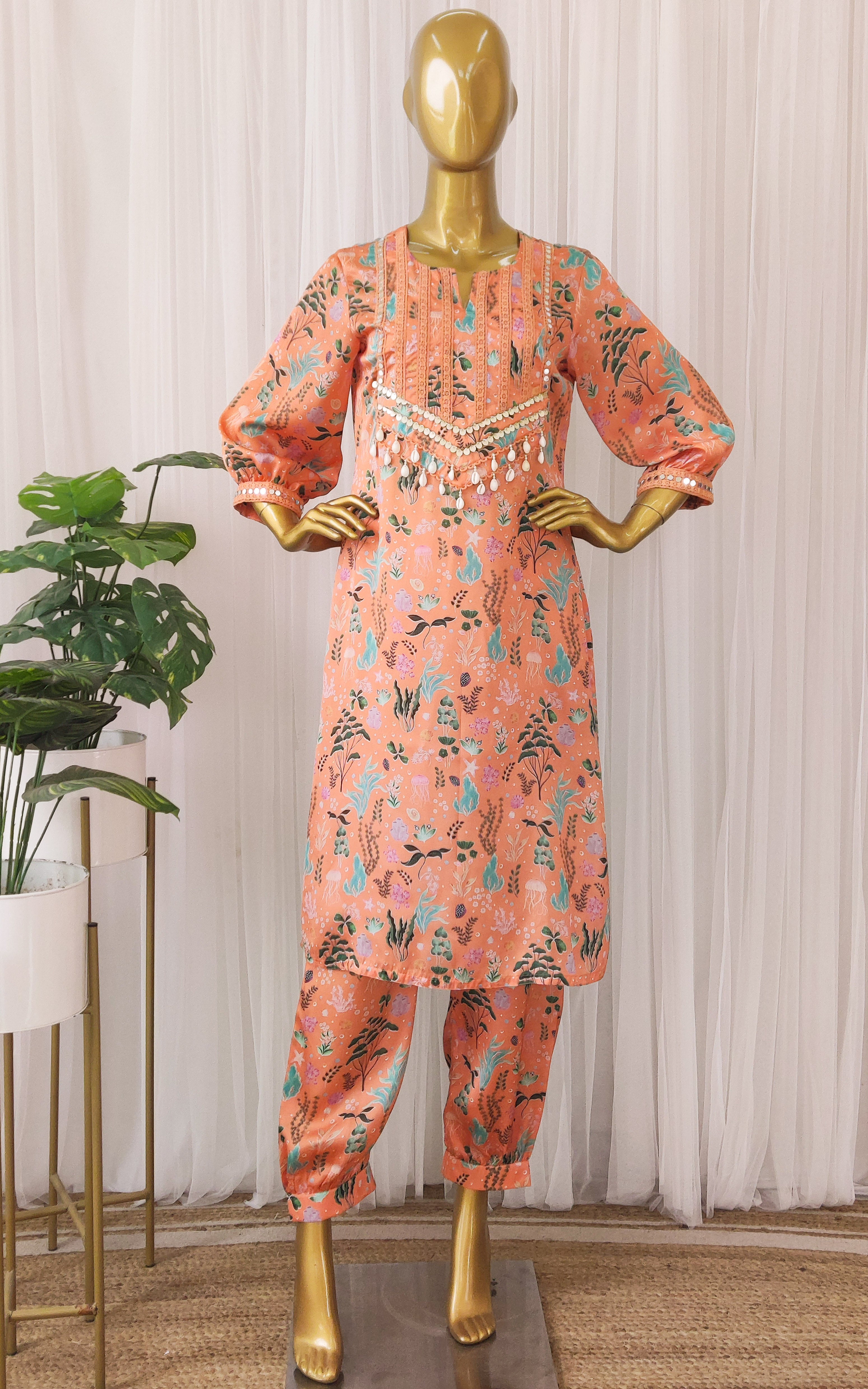 Orange Aquatic Print Kurta Pant Co-ord Set