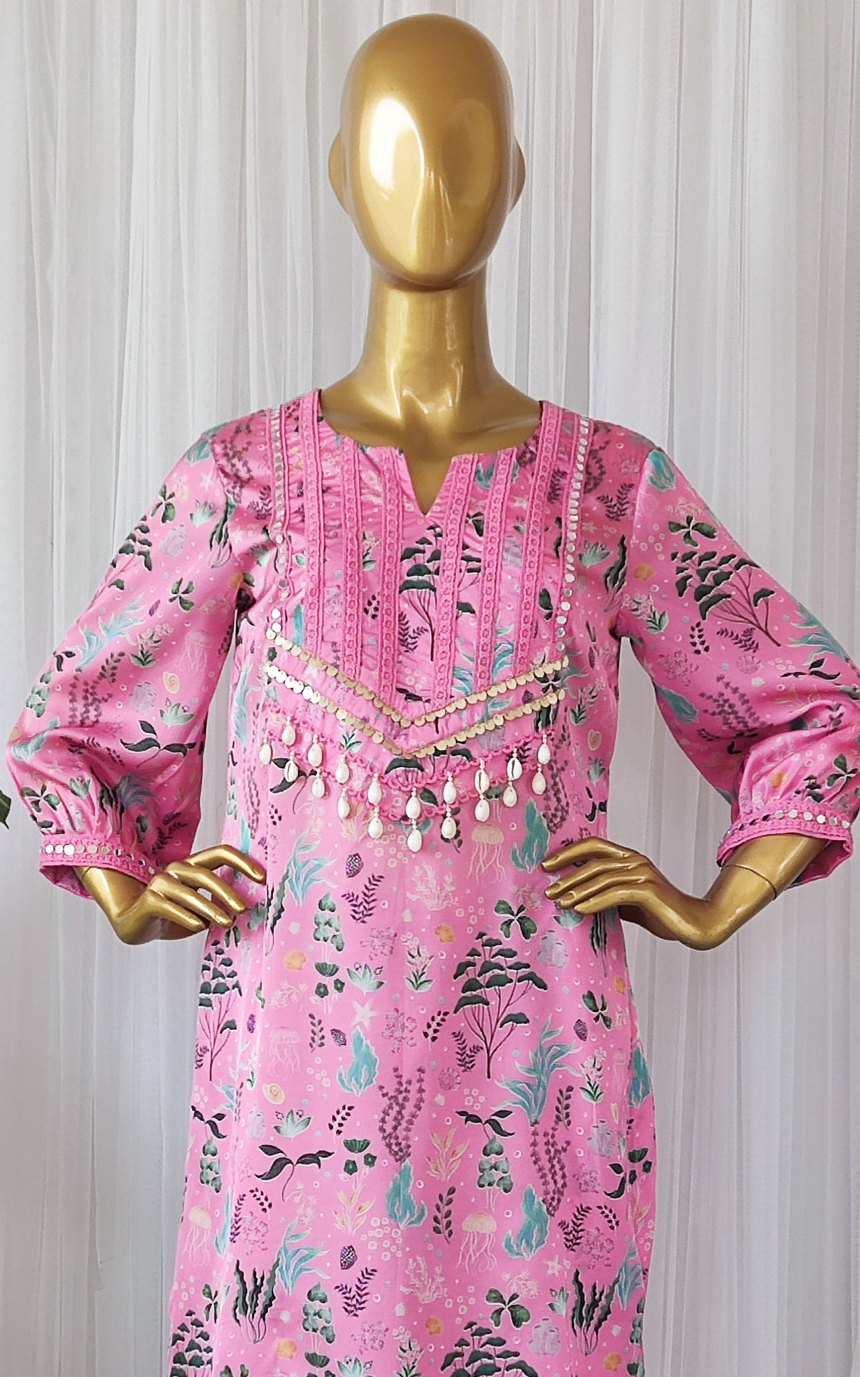 Baby Pink Aquatic Print Kurta Pant Co-ord Set