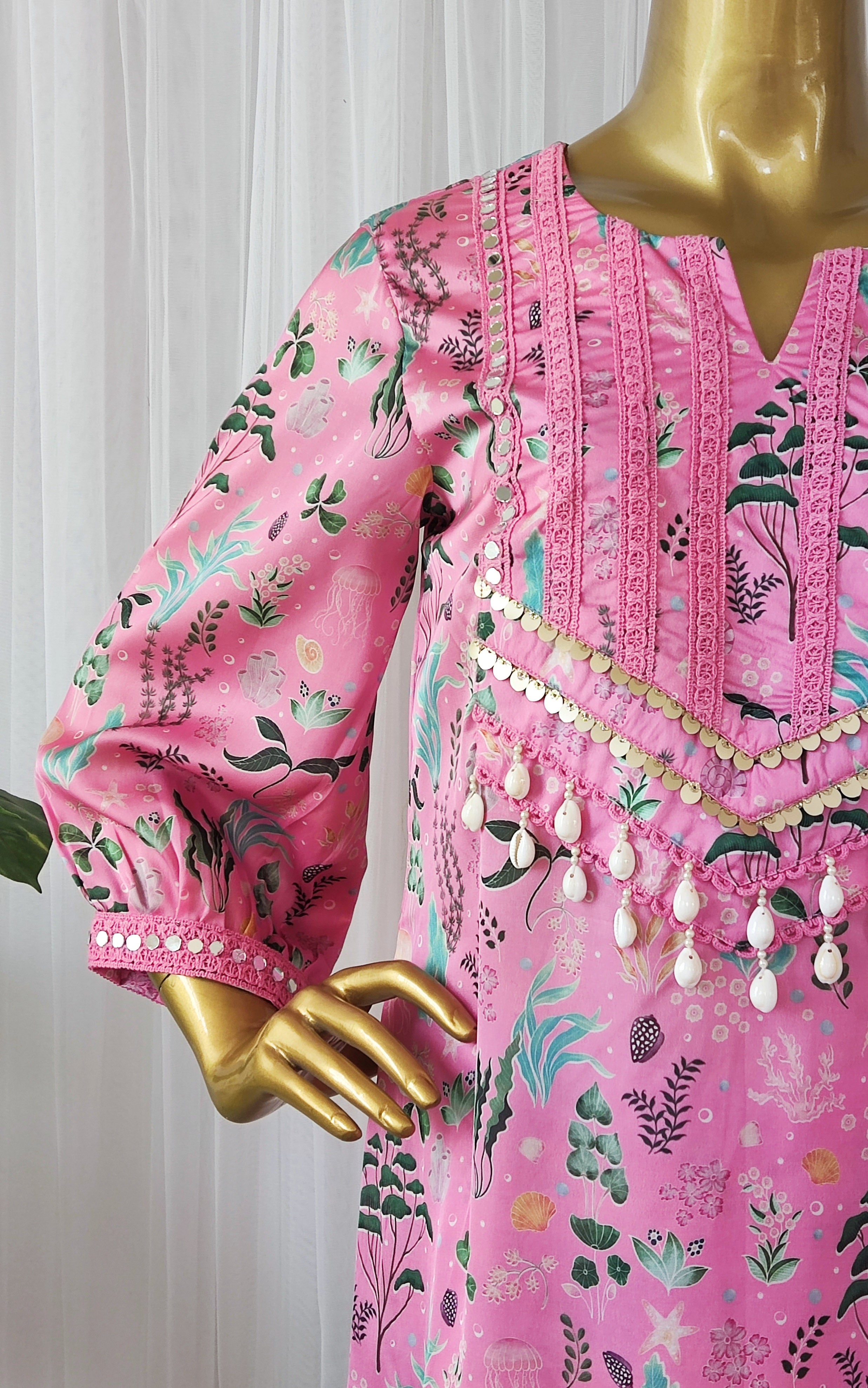 Baby Pink Aquatic Print Kurta Pant Co-ord Set