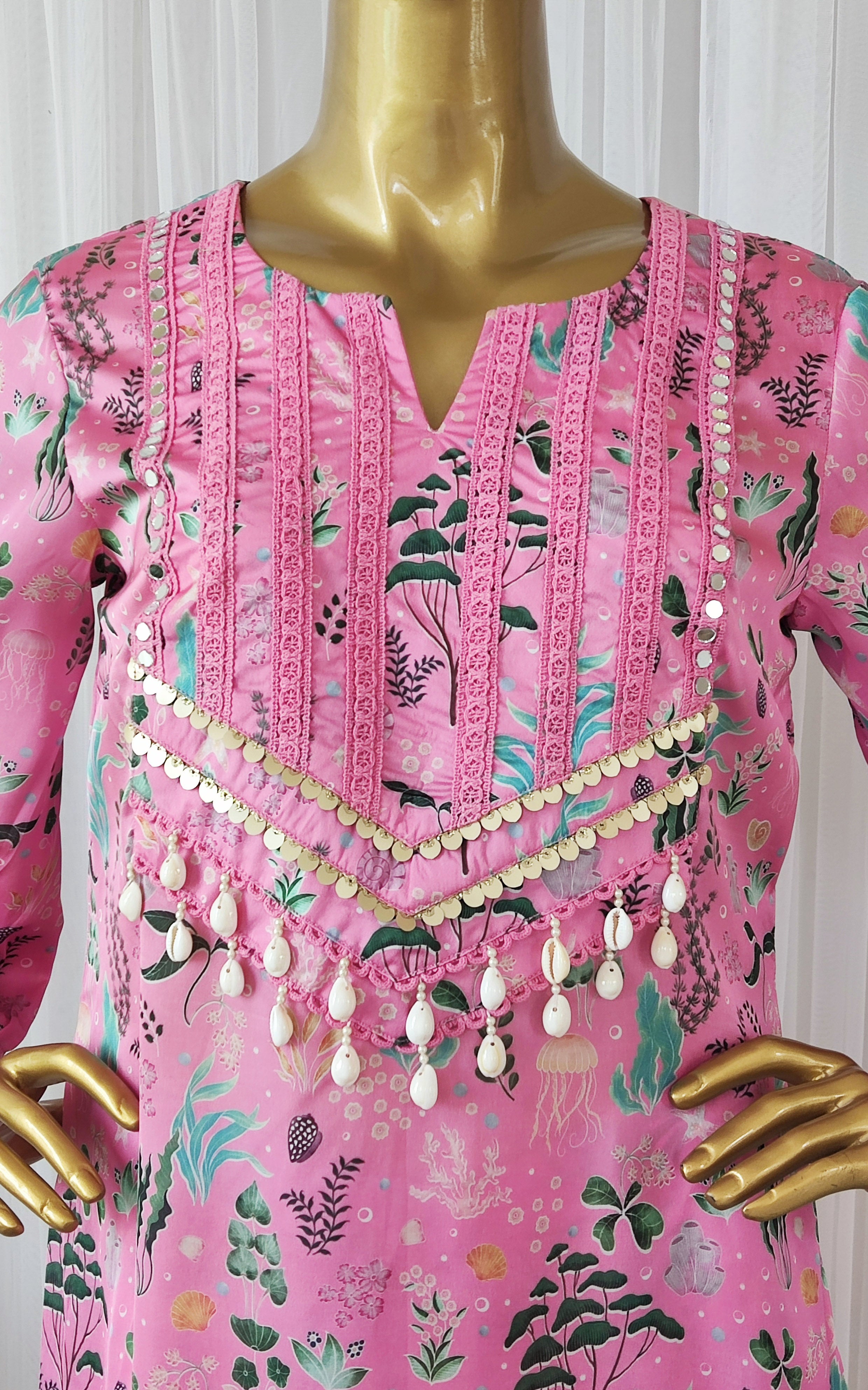 Baby Pink Aquatic Print Kurta Pant Co-ord Set