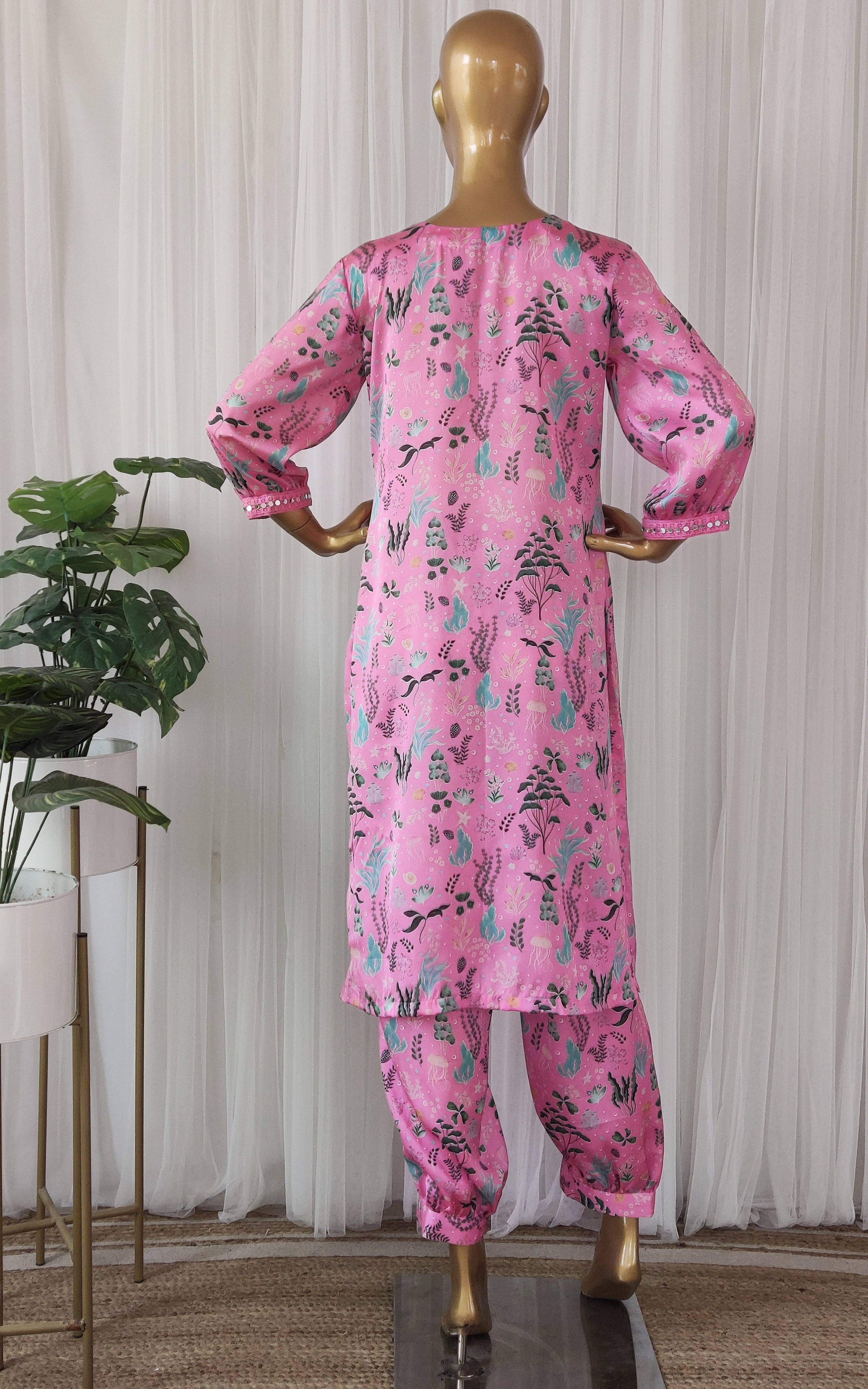 Baby Pink Aquatic Print Kurta Pant Co-ord Set