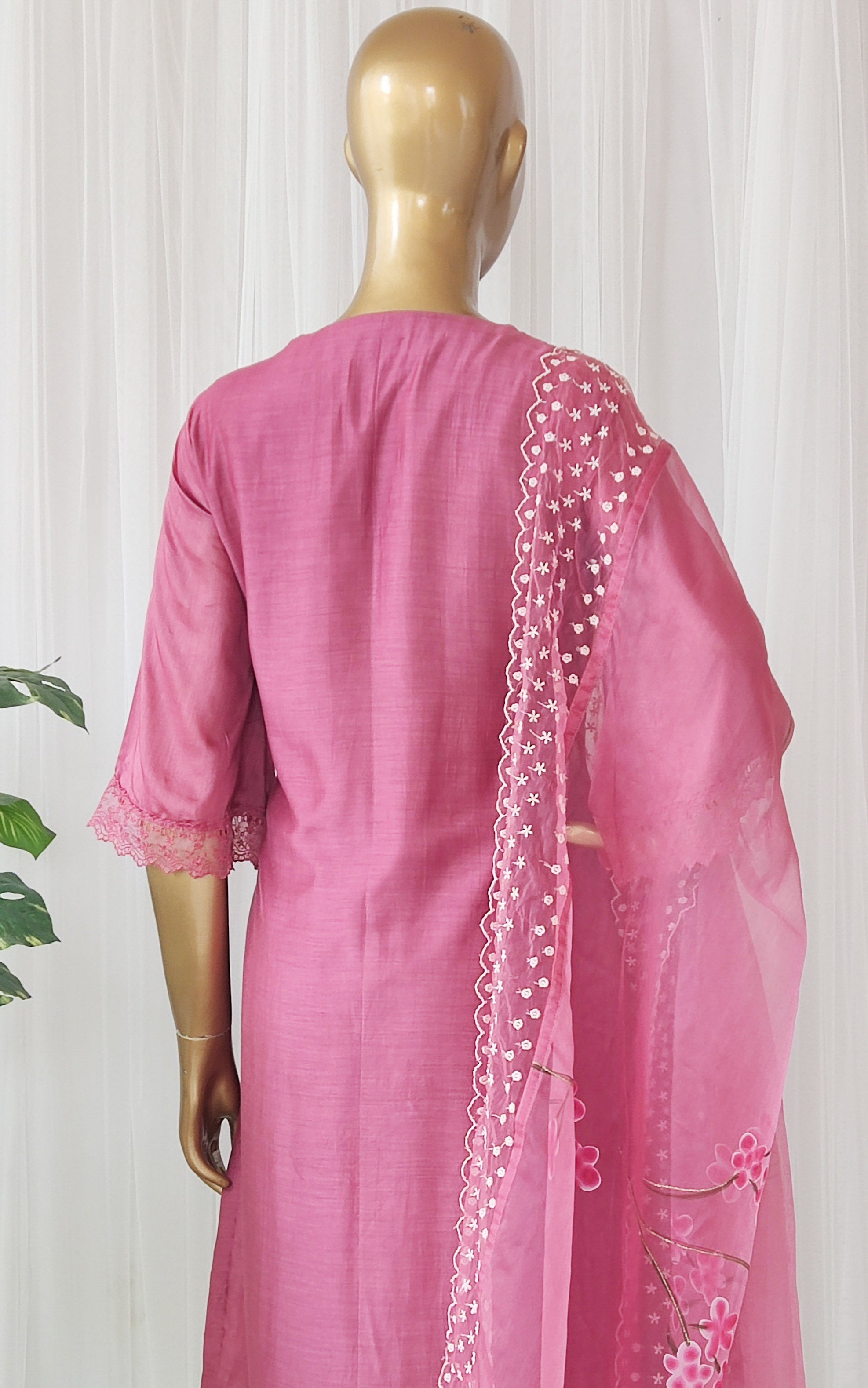 Onion Pink Kurta Pant Set with Handpainted Organza Dupatta