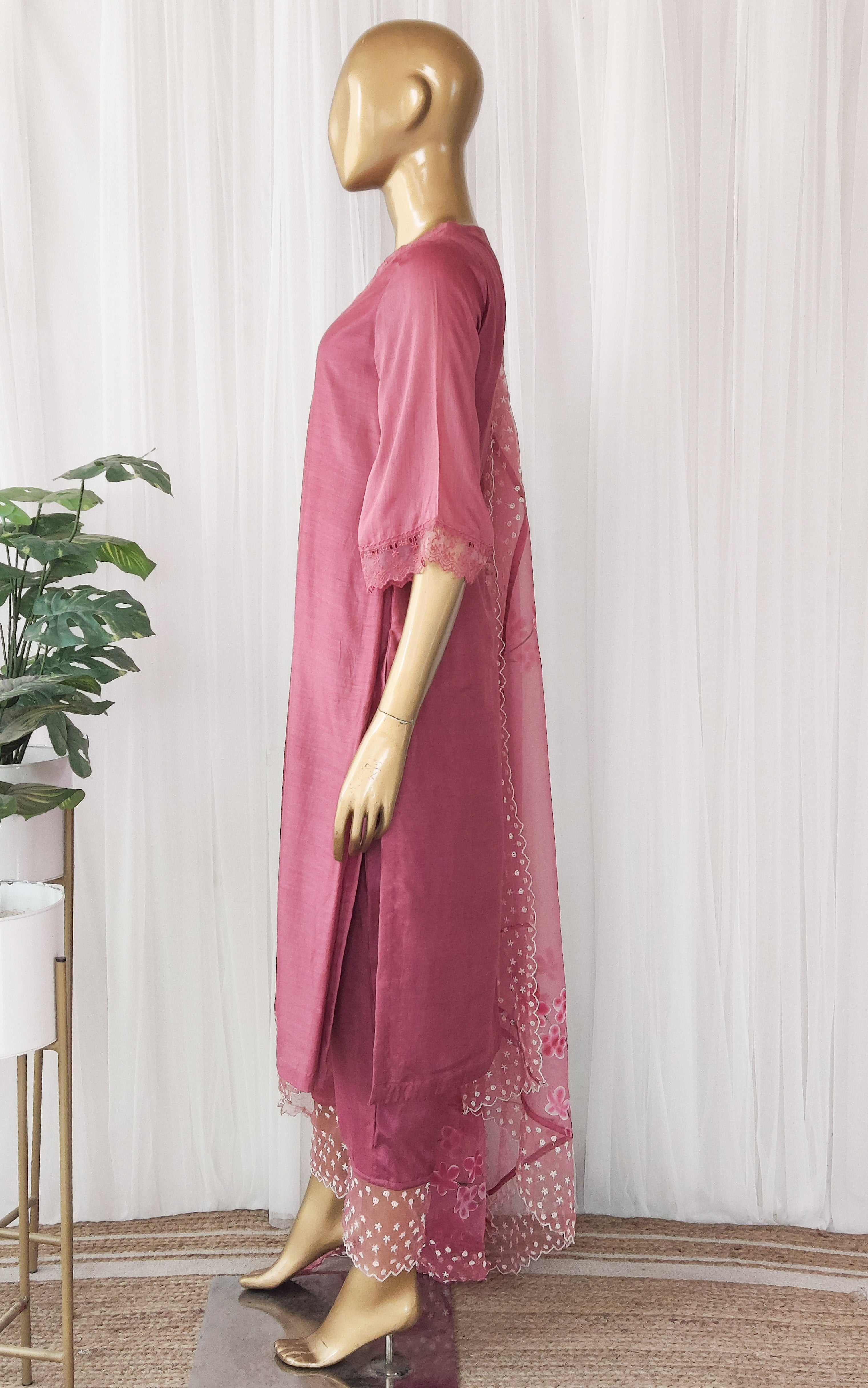 Onion Pink Kurta Pant Set with Handpainted Organza Dupatta