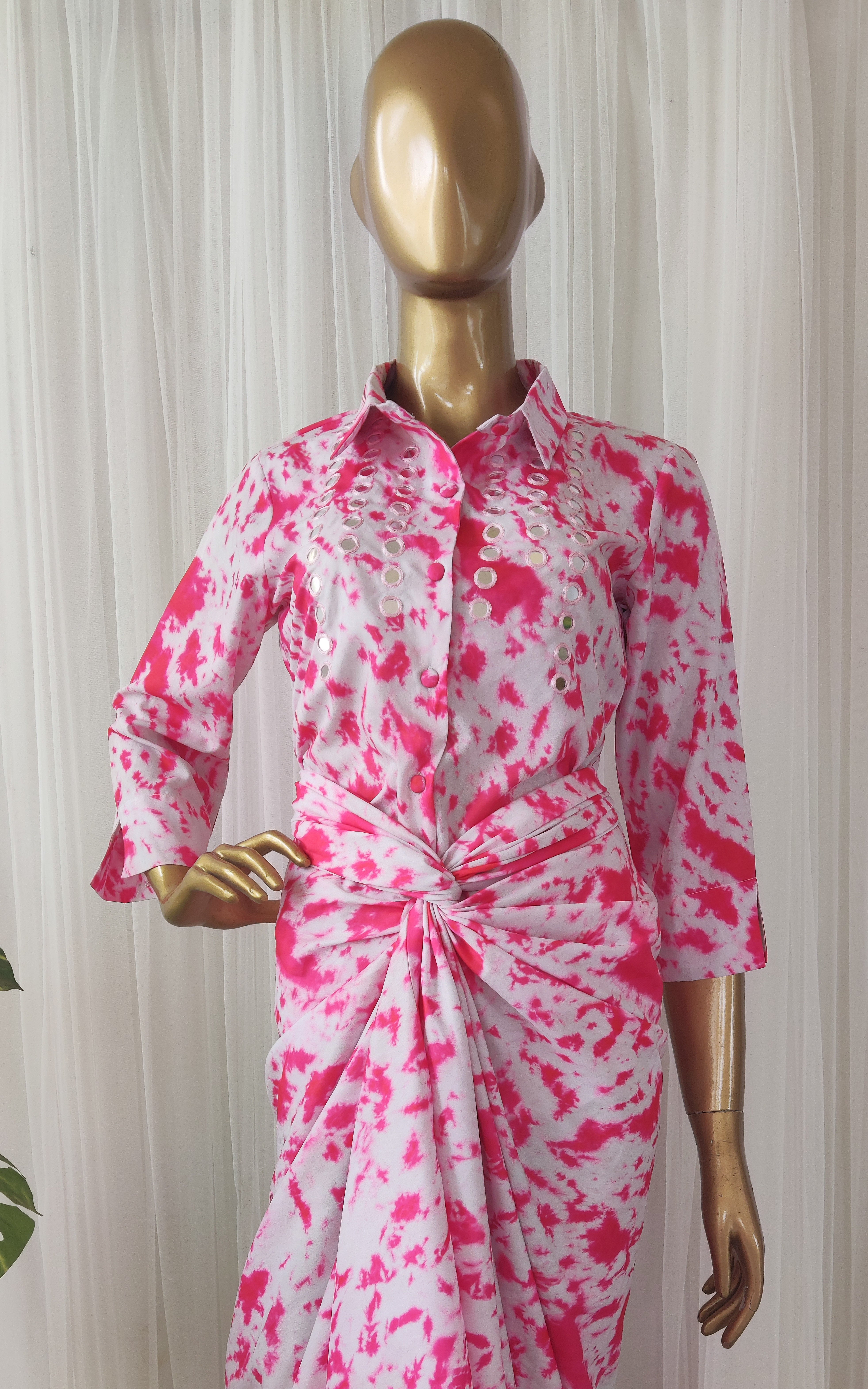 Pink Shibori Mirrorwork Top & Draped Skirt Co-ord Set