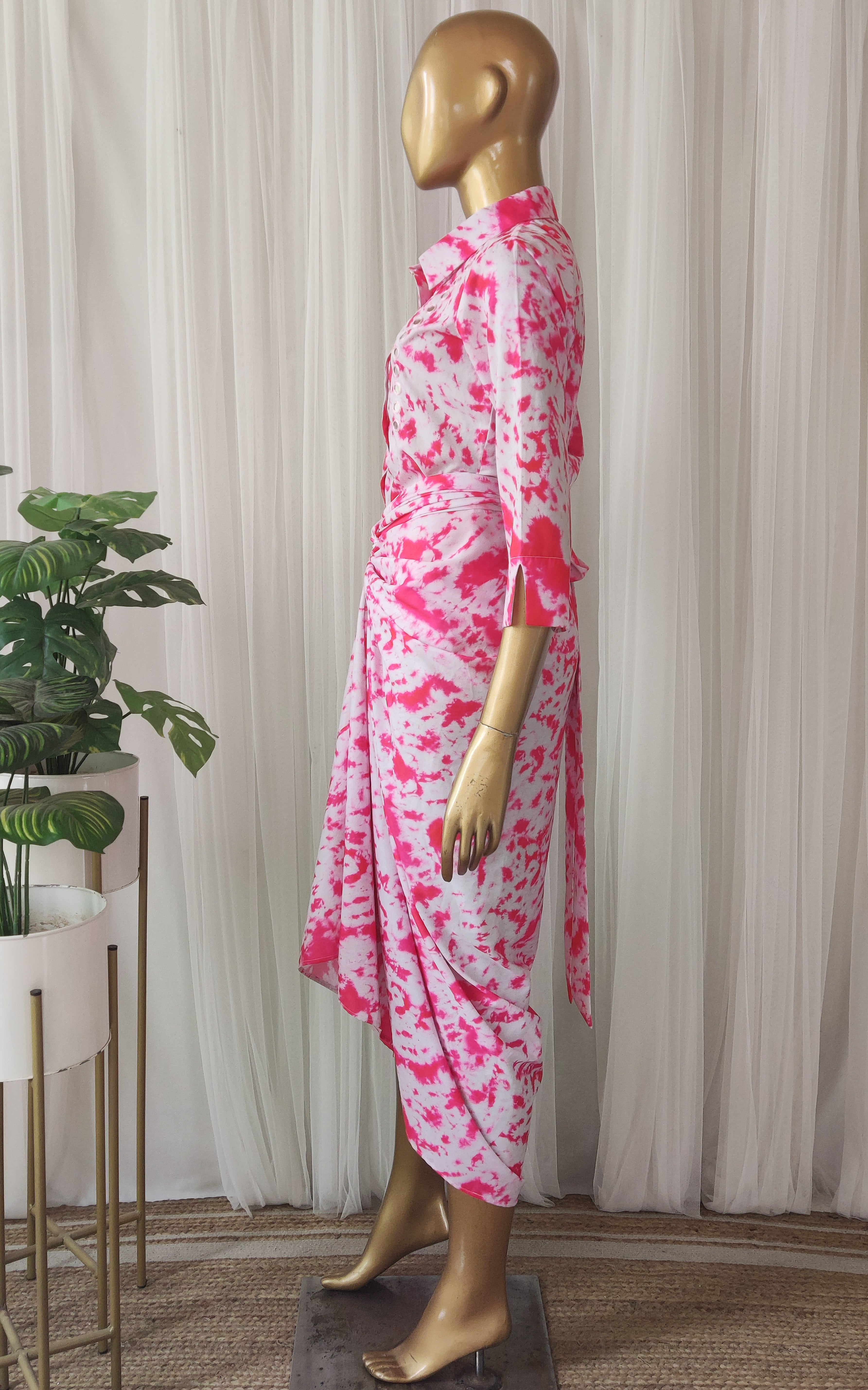 Pink Shibori Mirrorwork Top & Draped Skirt Co-ord Set