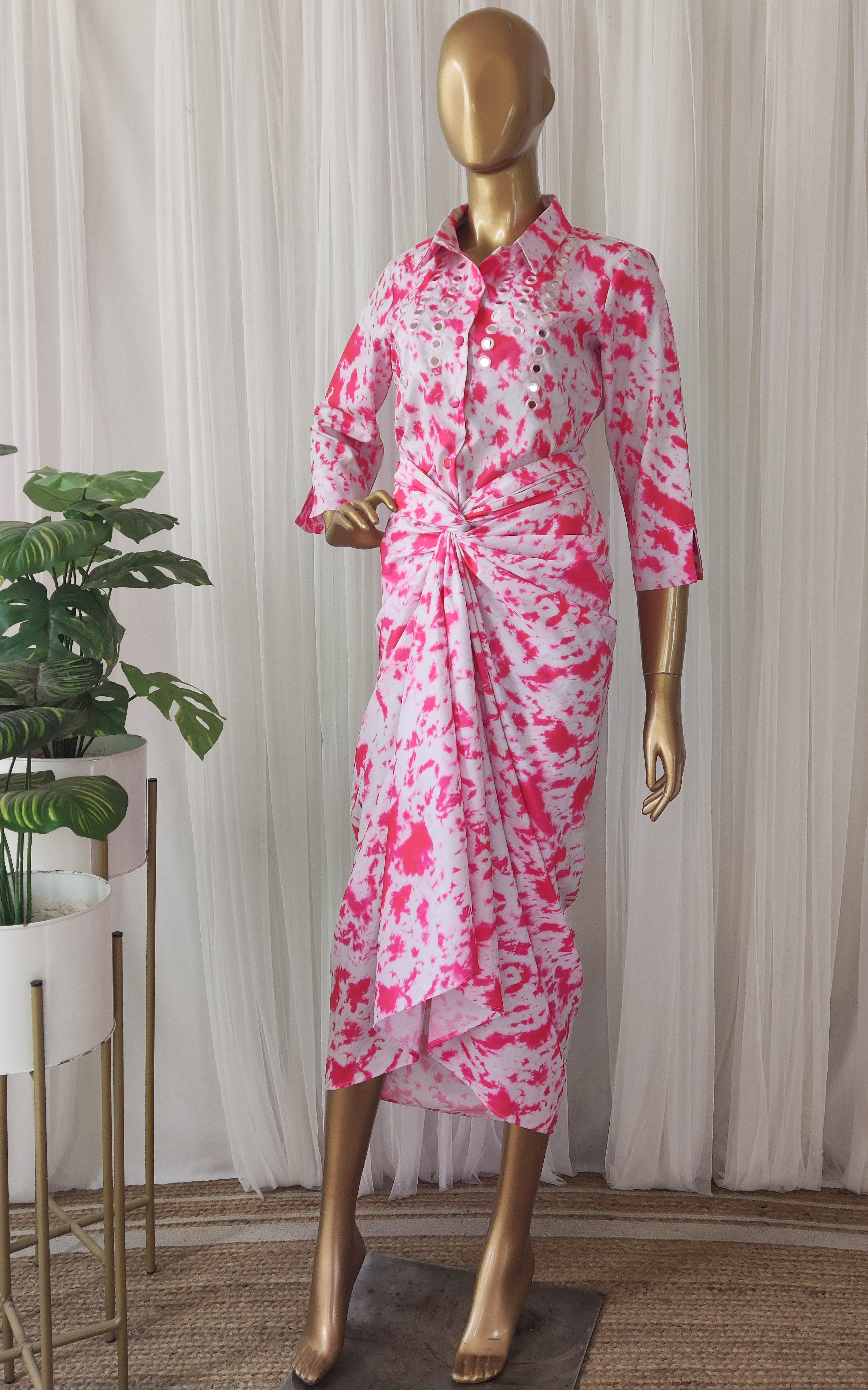 Pink Shibori Mirrorwork Top & Draped Skirt Co-ord Set