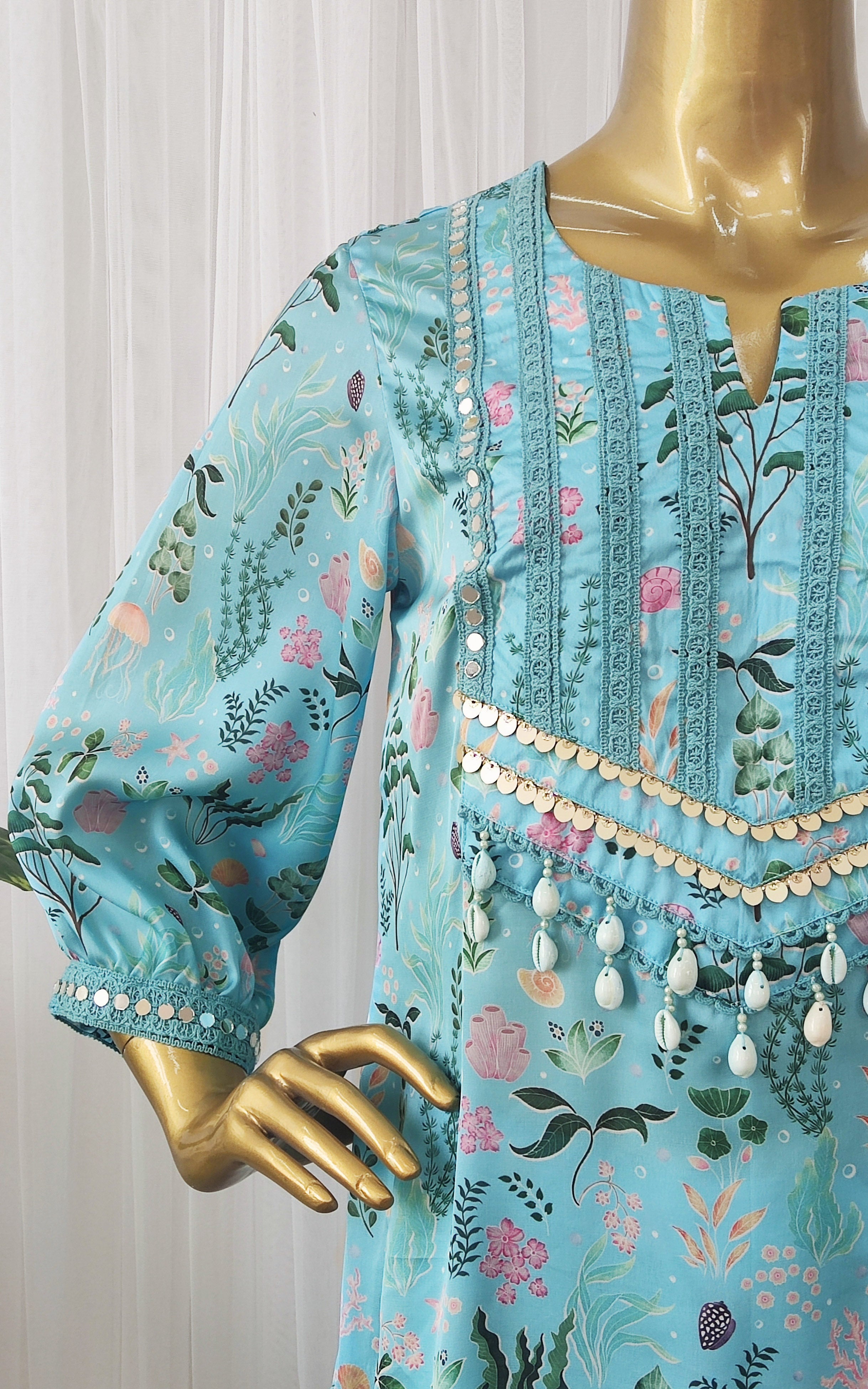 Turquoise Aquatic Print Kurta Pant Co-ord Set