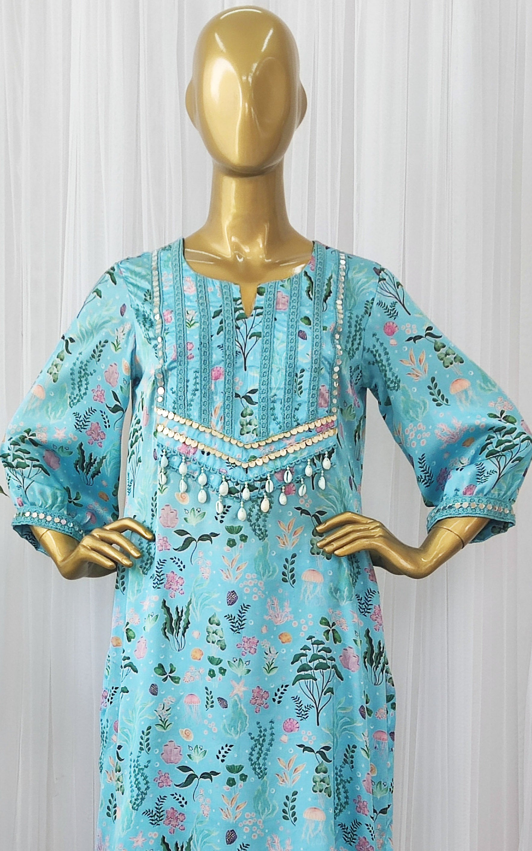 Turquoise Aquatic Print Kurta Pant Co-ord Set