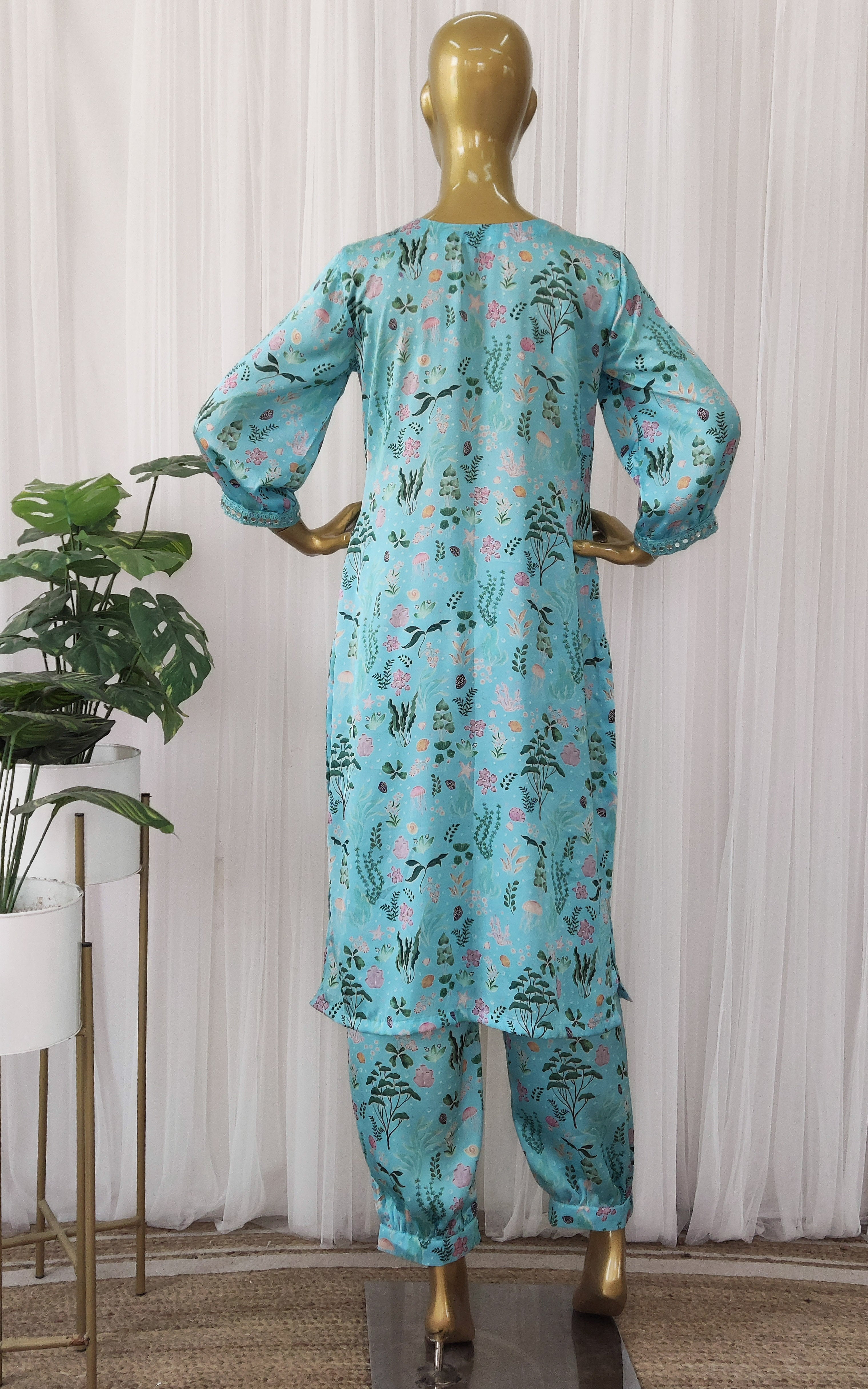 Turquoise Aquatic Print Kurta Pant Co-ord Set