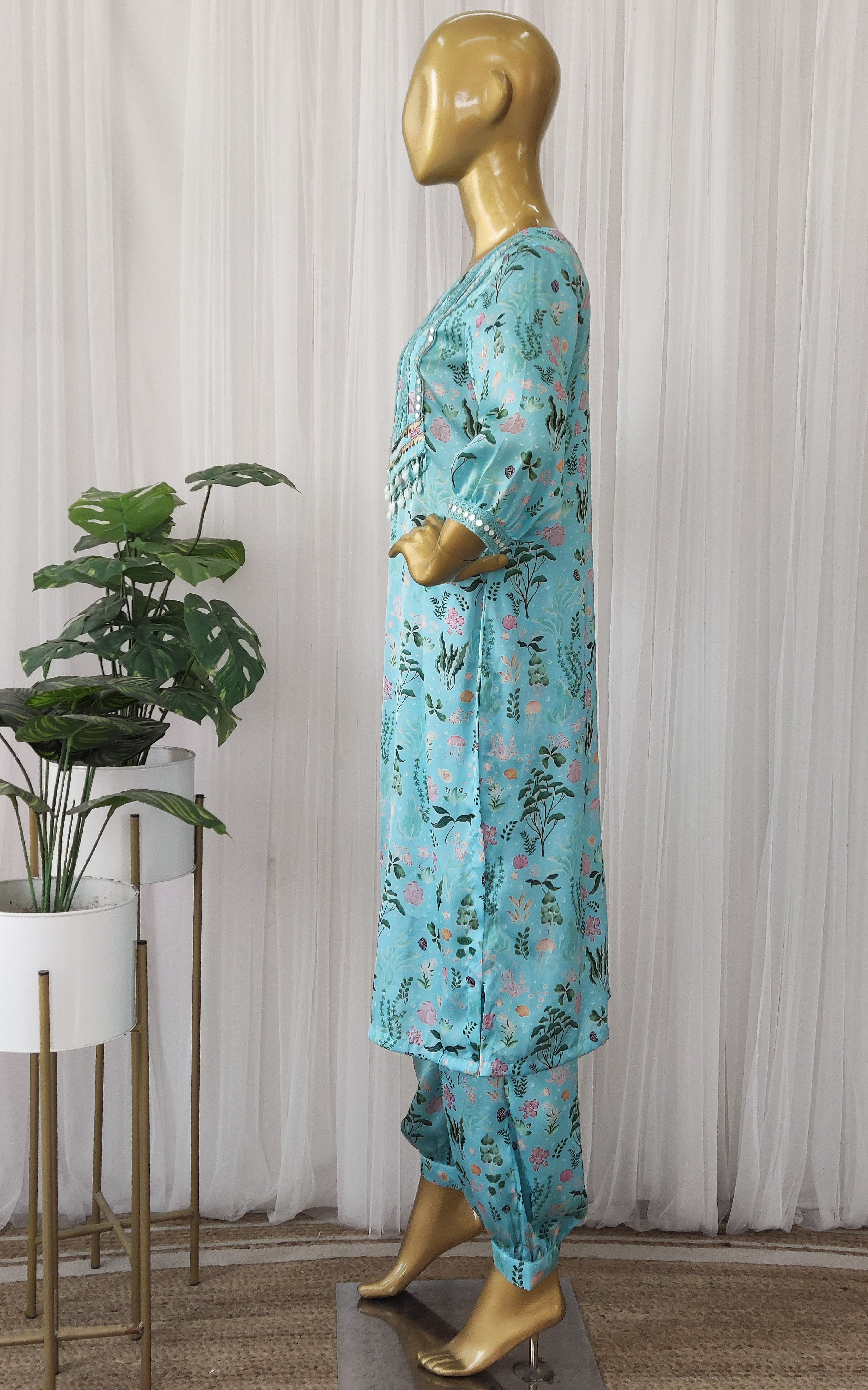 Turquoise Aquatic Print Kurta Pant Co-ord Set