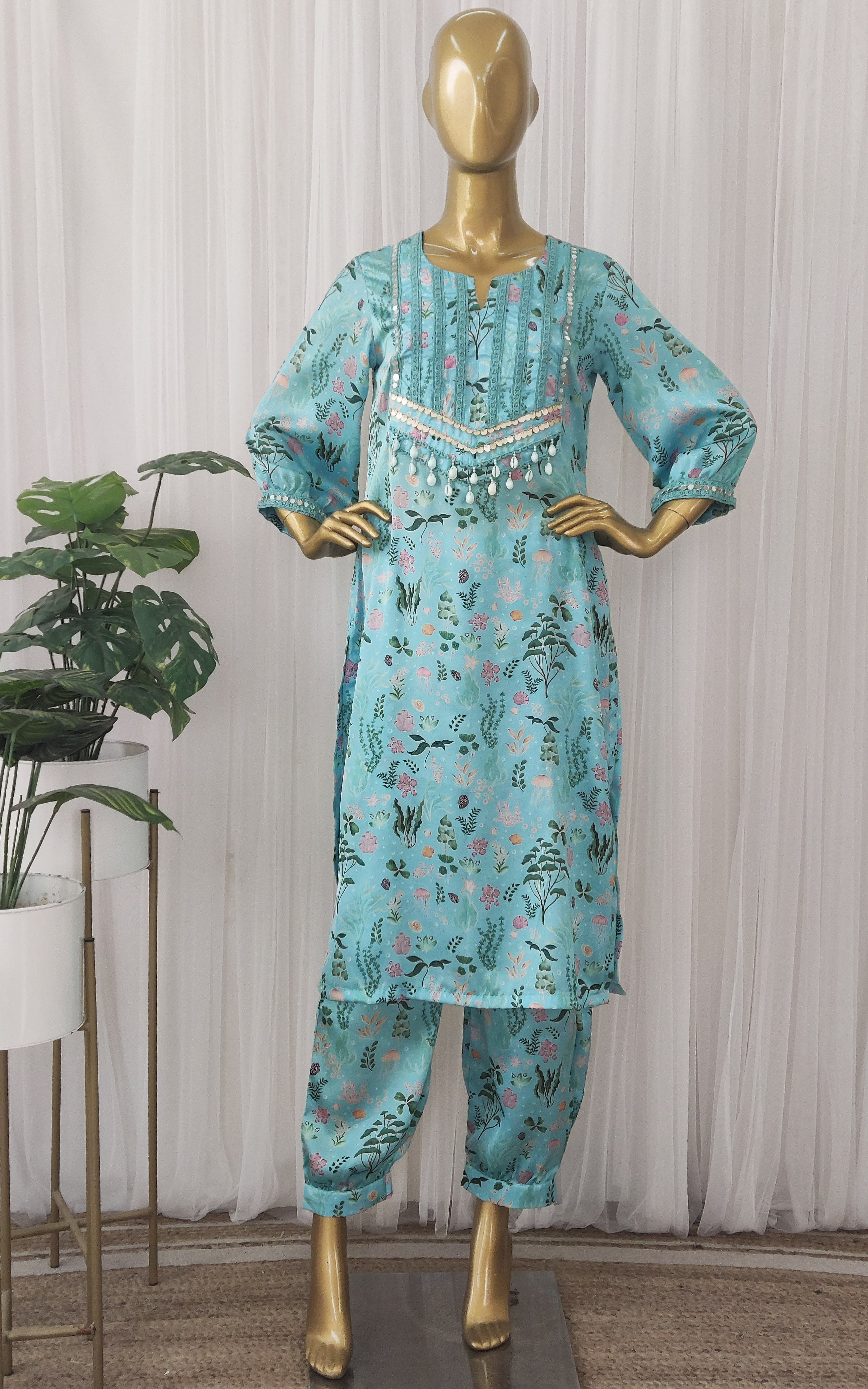 Turquoise Aquatic Print Kurta Pant Co-ord Set