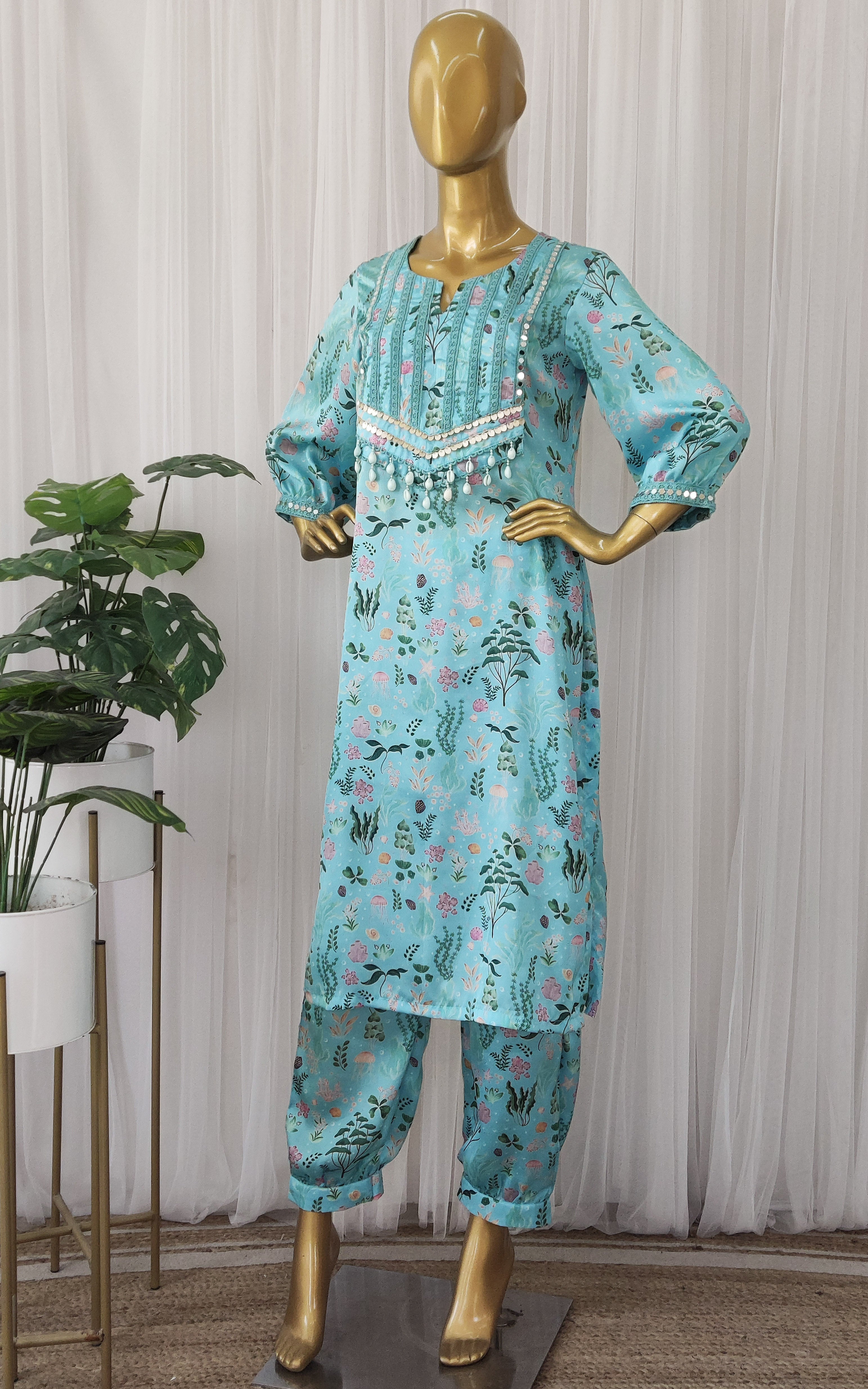 Turquoise Aquatic Print Kurta Pant Co-ord Set