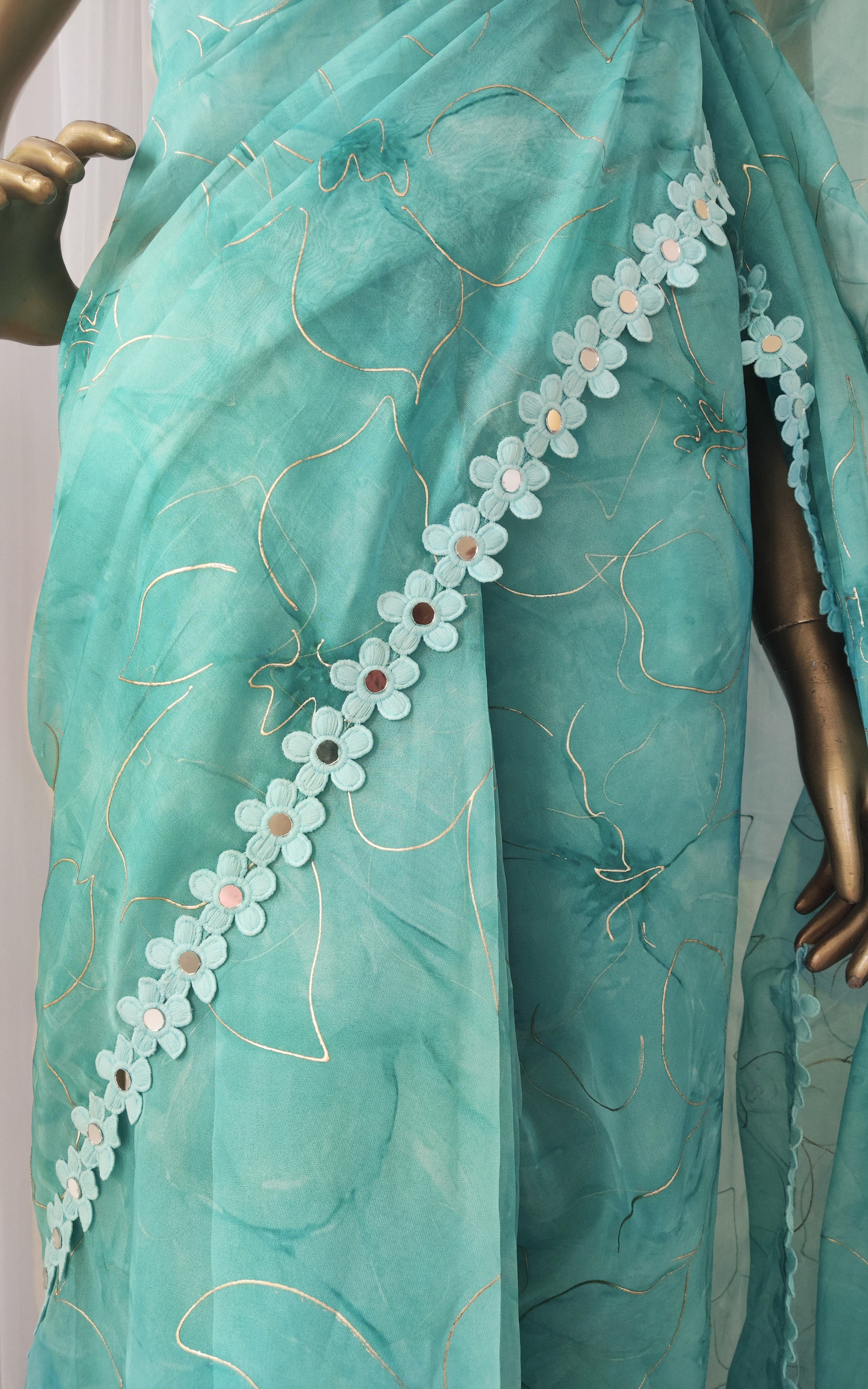 Tiffany Blue Floral Organza Mirrorwork Saree