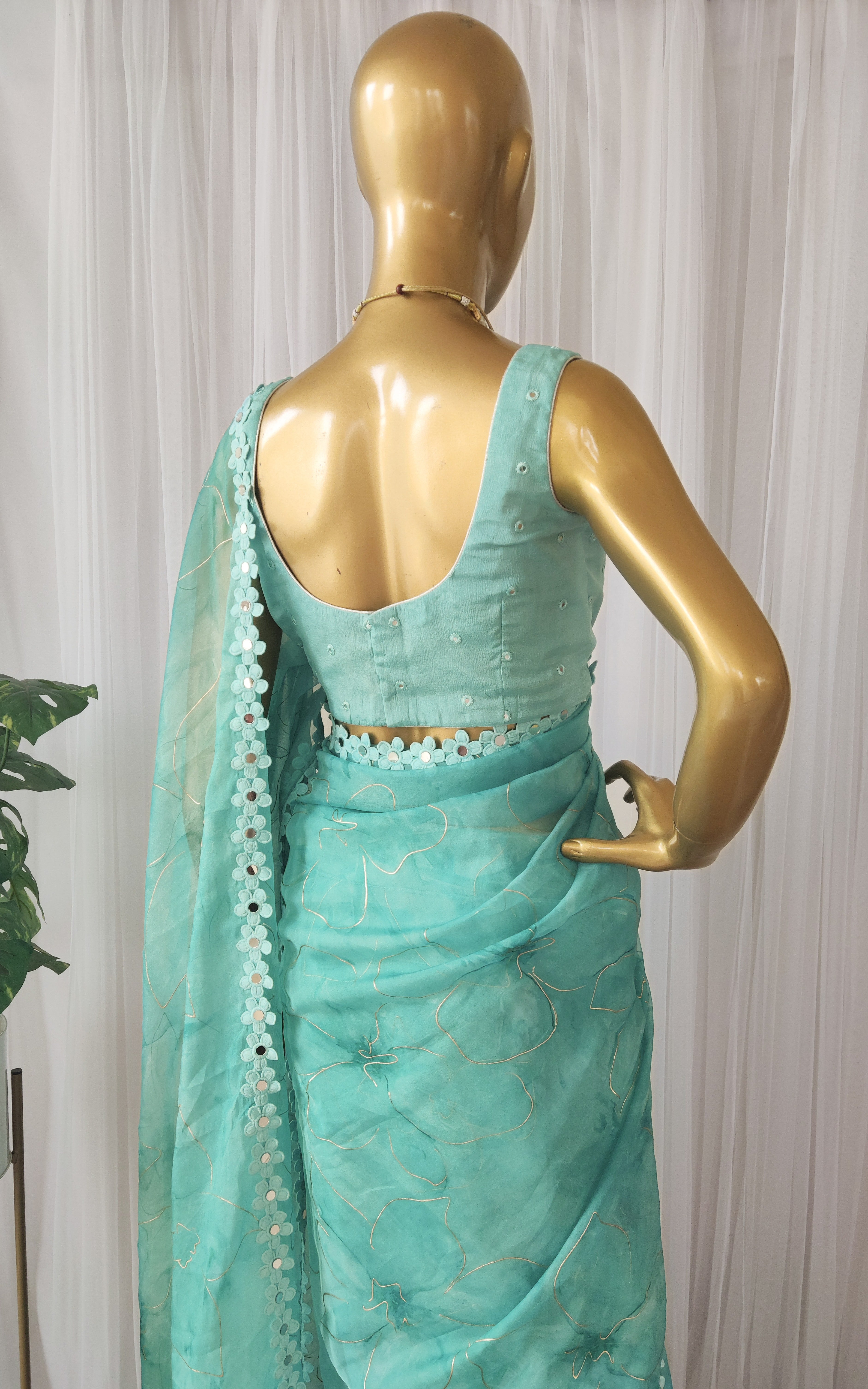 Tiffany Blue Floral Organza Mirrorwork Saree