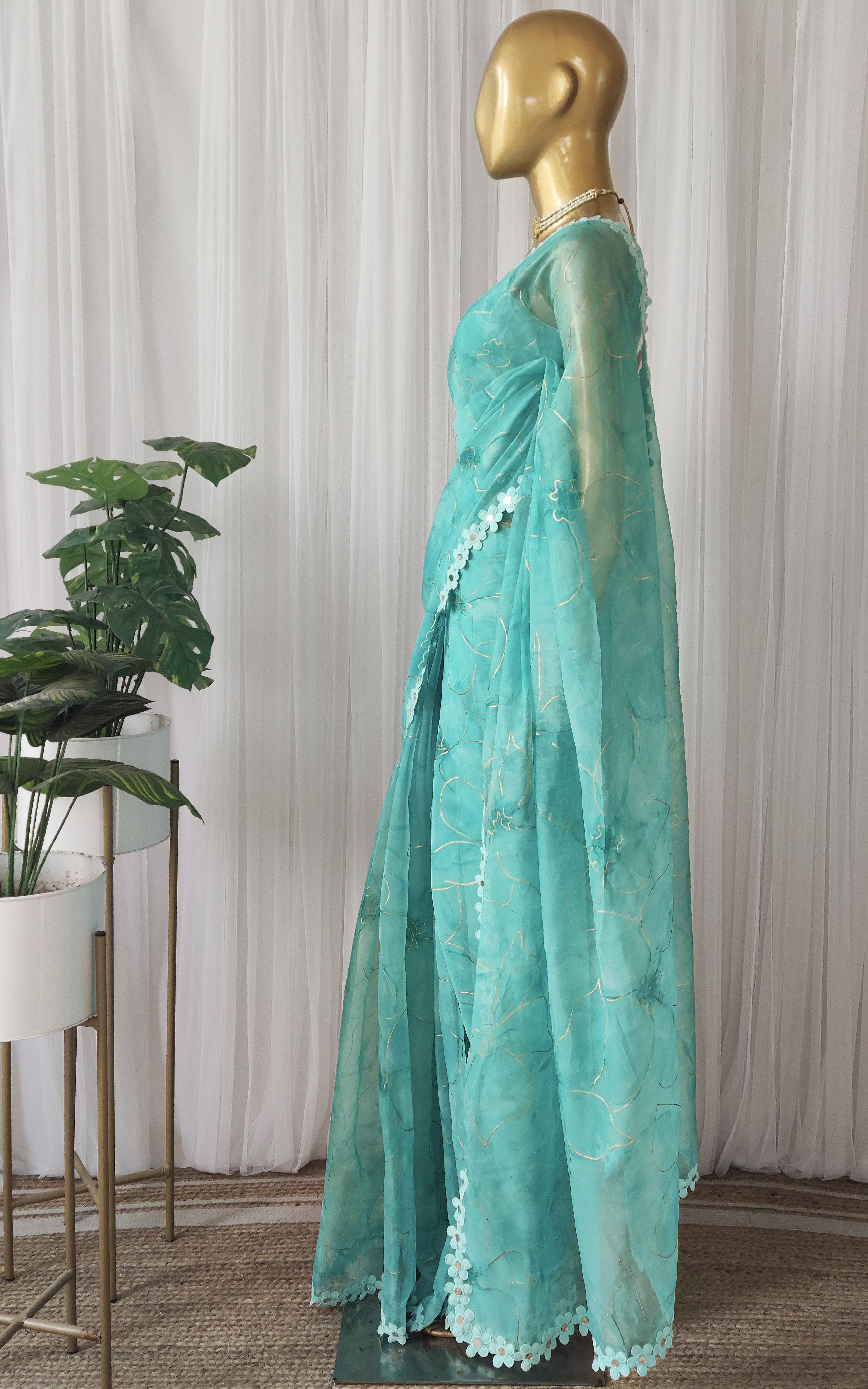 Tiffany Blue Floral Organza Mirrorwork Saree