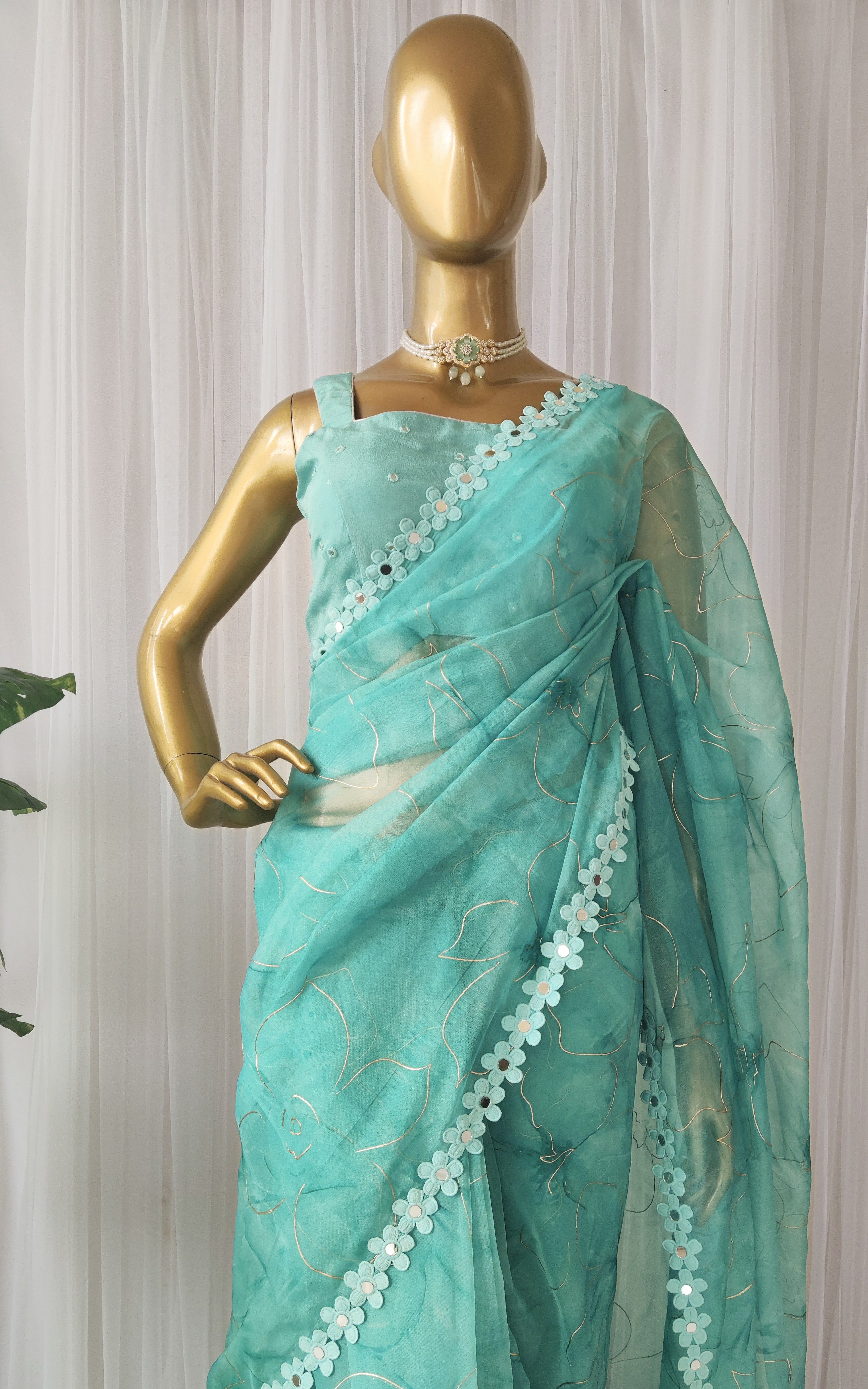 Tiffany Blue Floral Organza Mirrorwork Saree