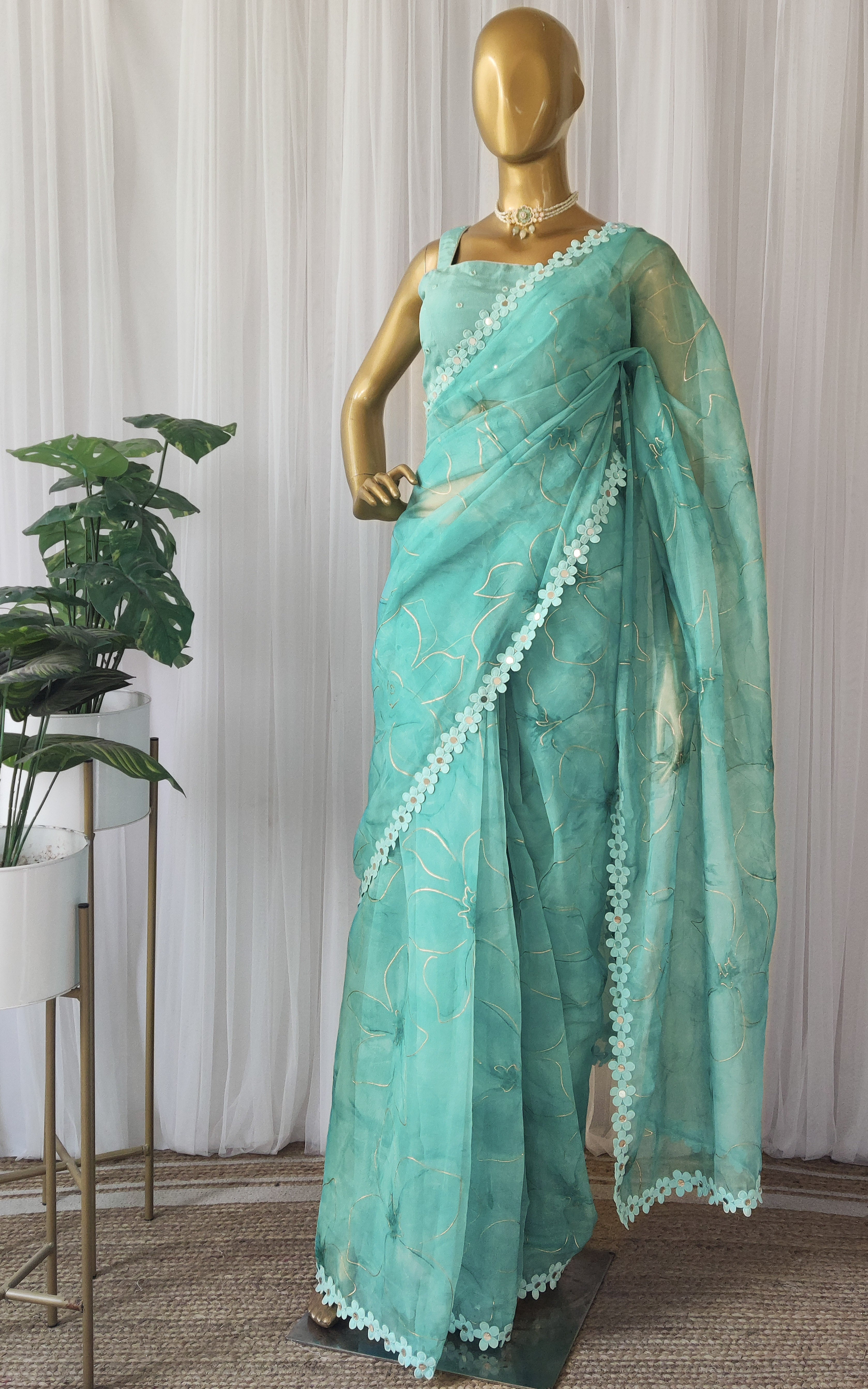 Tiffany Blue Floral Organza Mirrorwork Saree