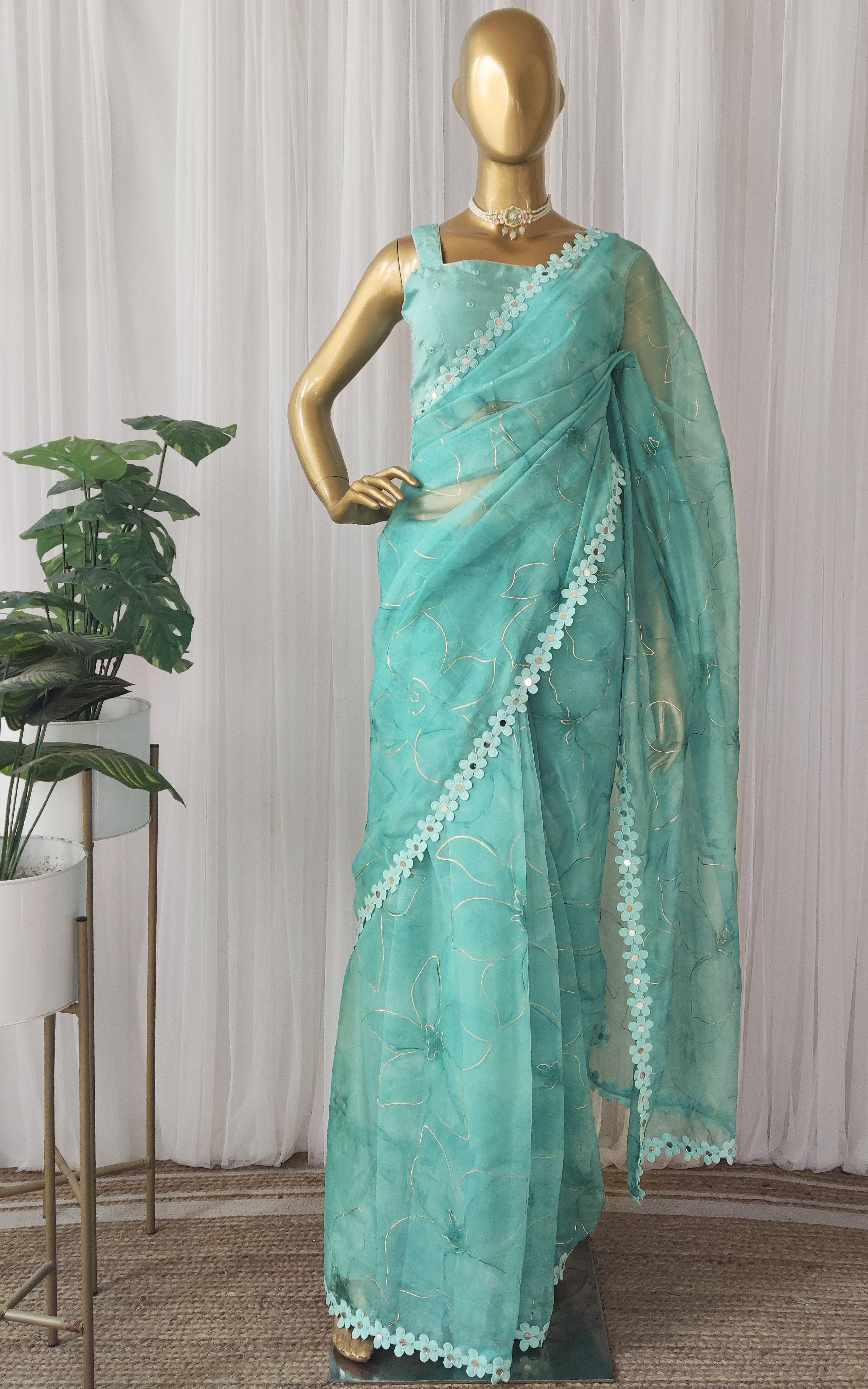 Tiffany Blue Floral Organza Mirrorwork Saree