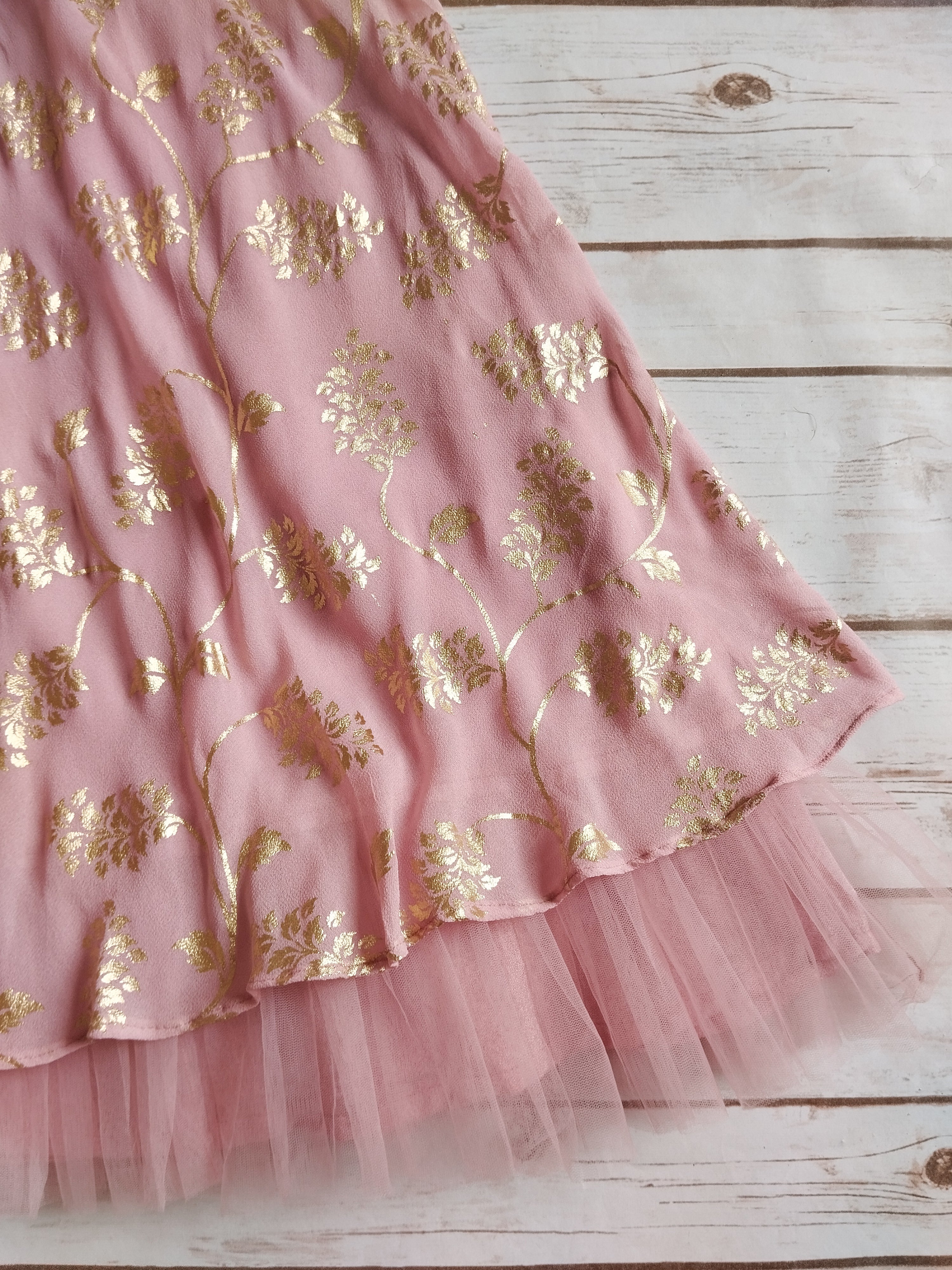 Amaranth Pink Gold Foil Print Lehenga Kurti Set for Kids