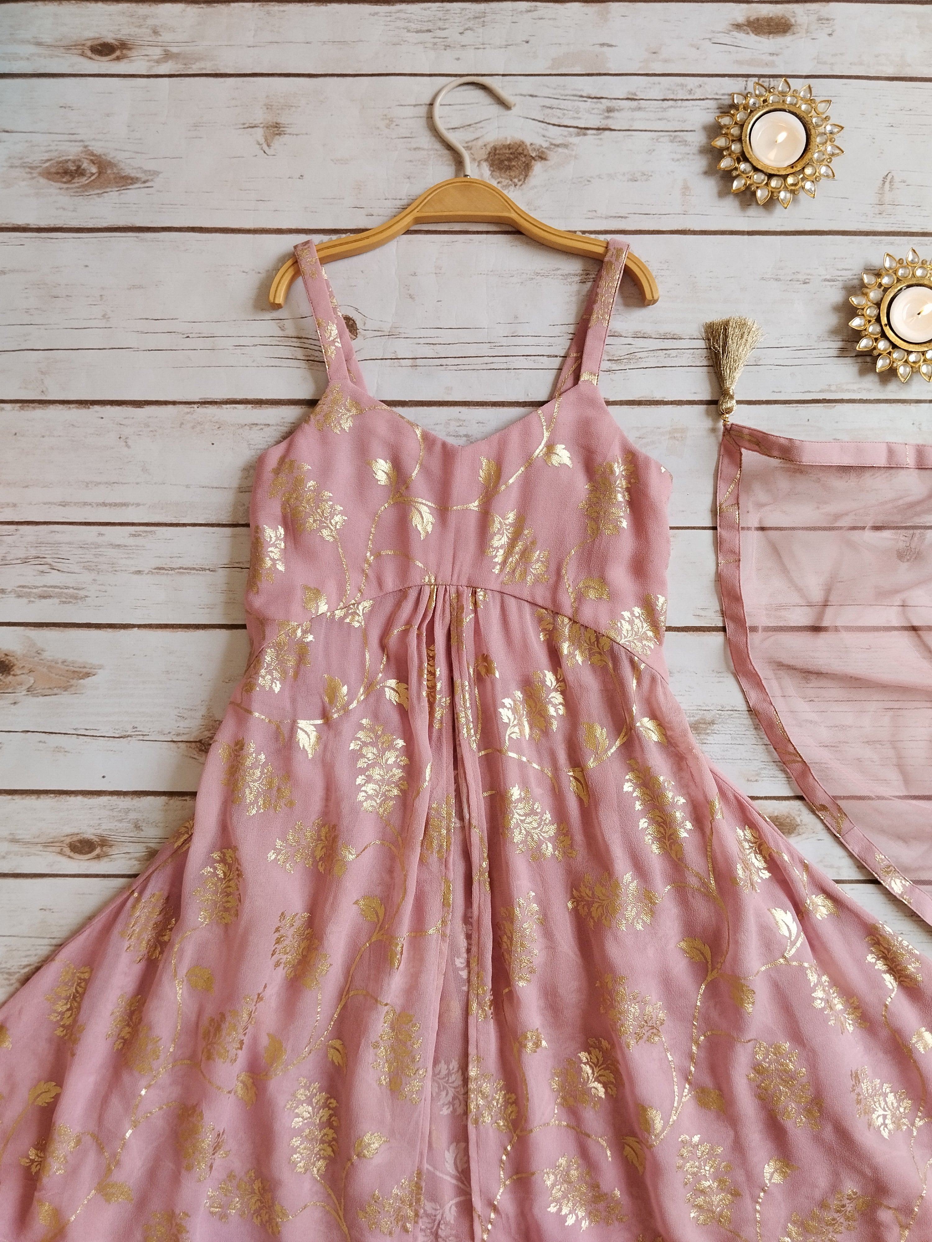 Amaranth Pink Gold Foil Print Lehenga Kurti Set for Kids