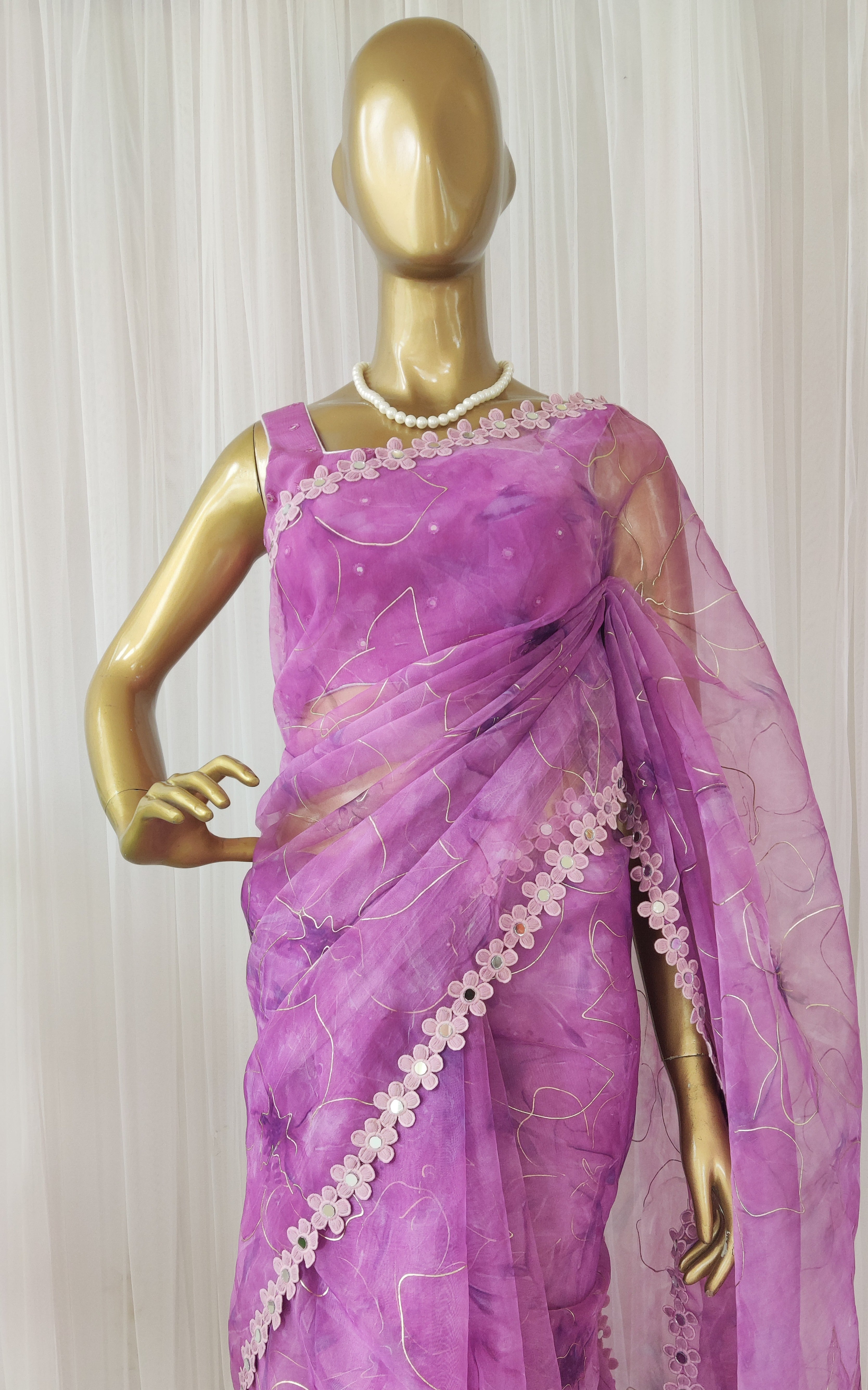 Purple Floral Organza Mirrorwork Saree