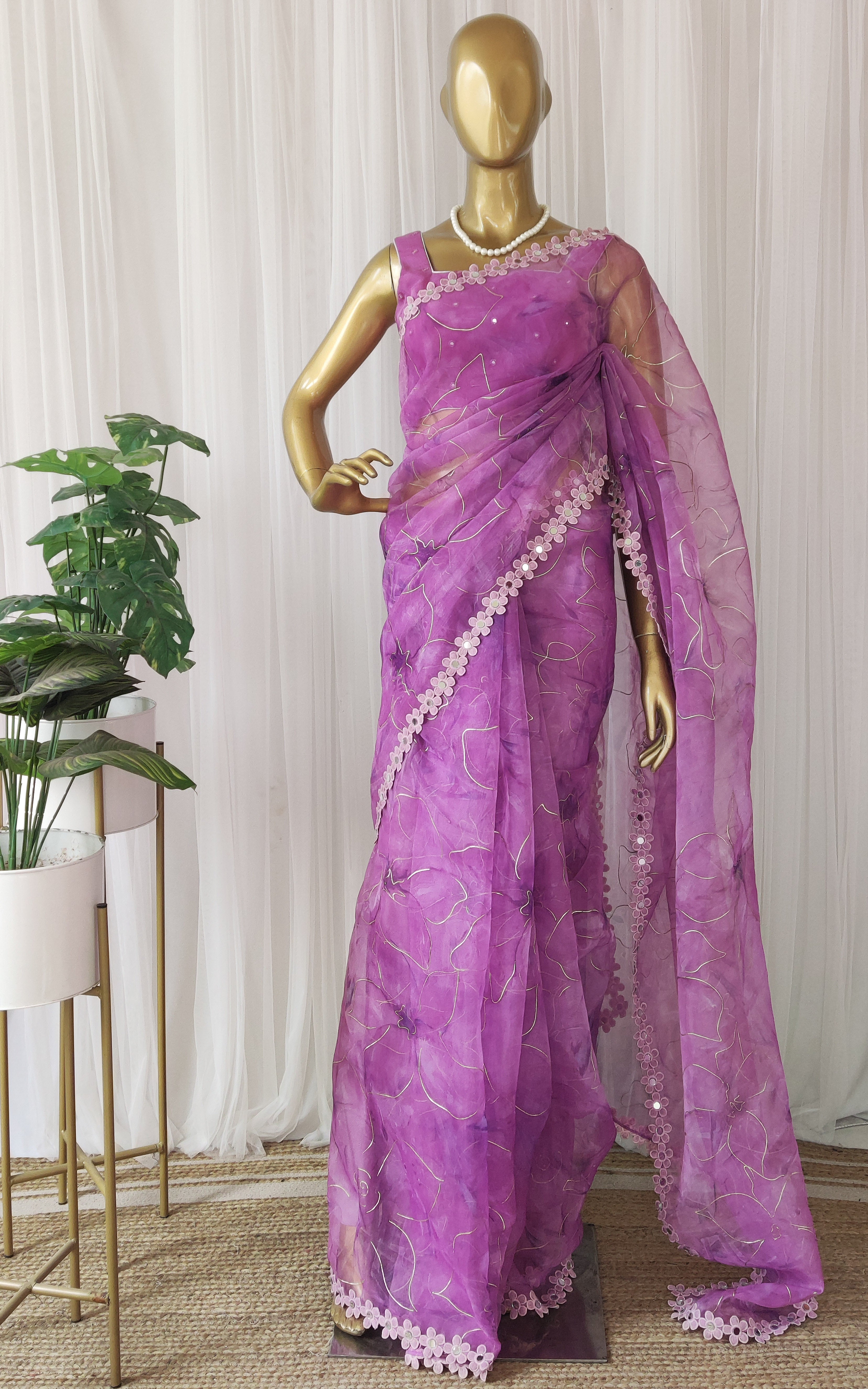 Purple Floral Organza Mirrorwork Saree