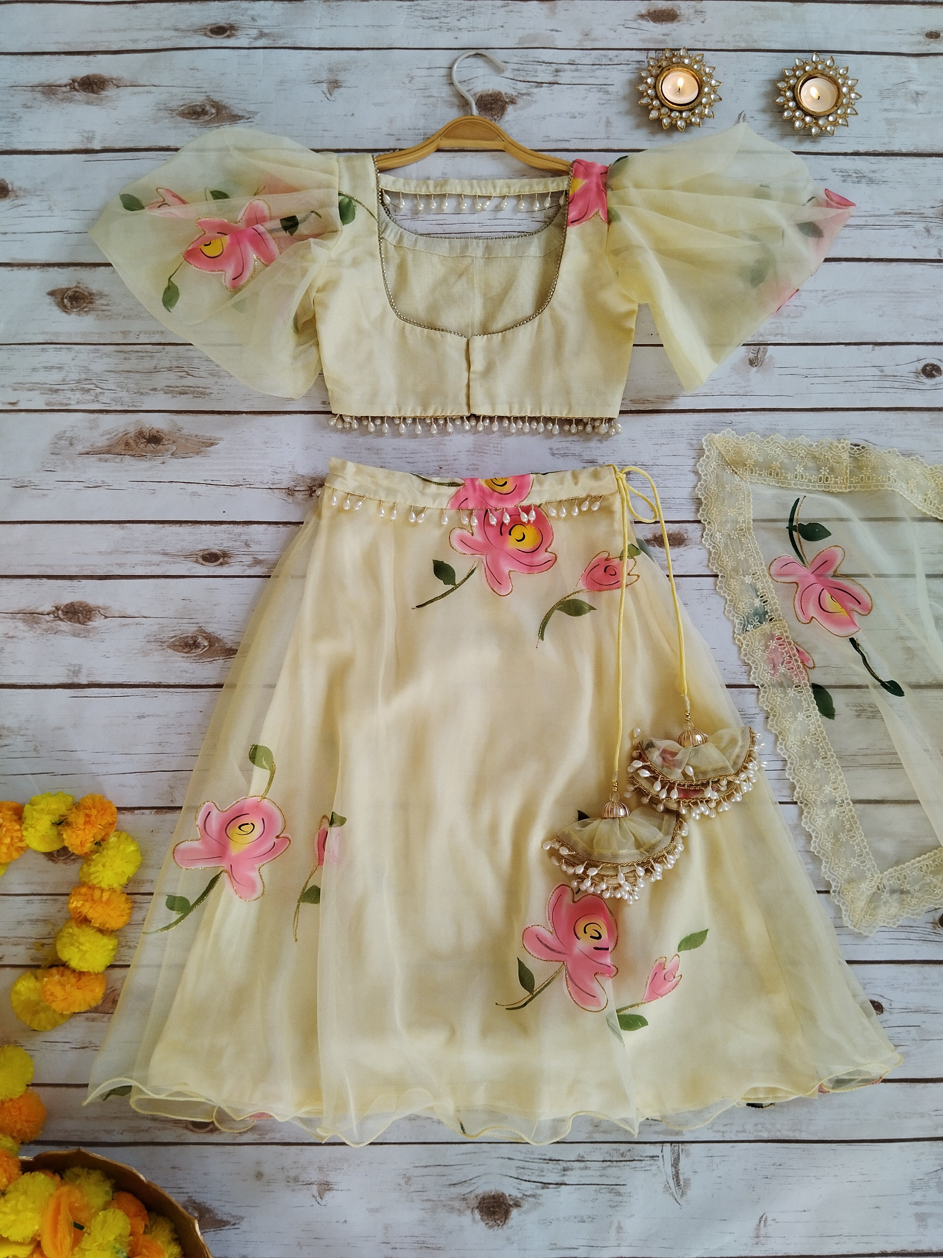 Yellow Handpainted Organza Kid's Lehenga