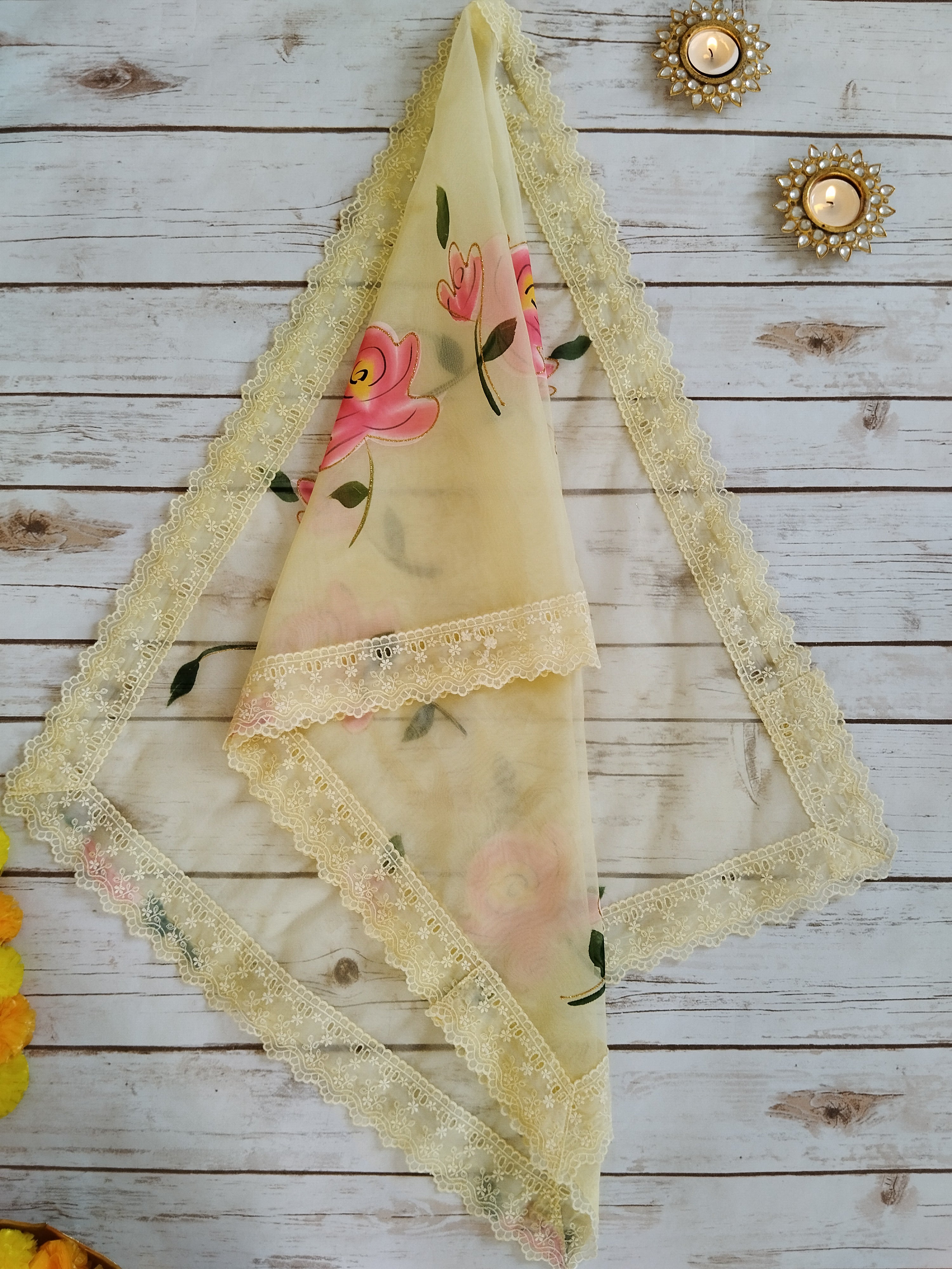 Yellow Handpainted Organza Kid's Lehenga