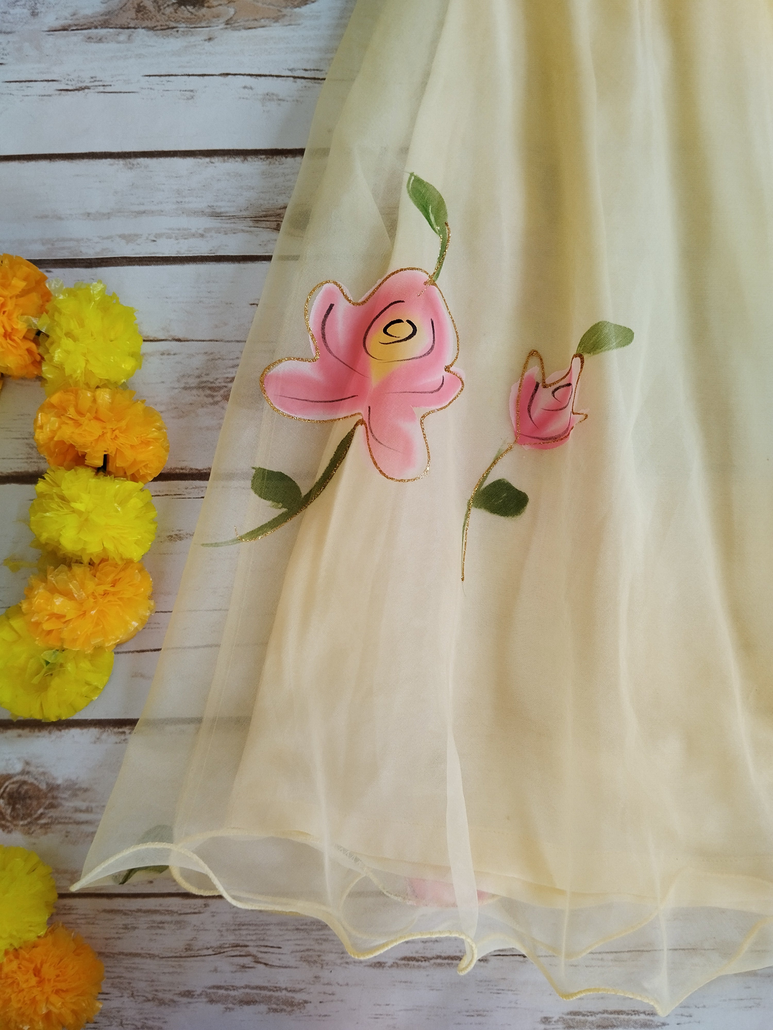 Yellow Handpainted Organza Kid's Lehenga