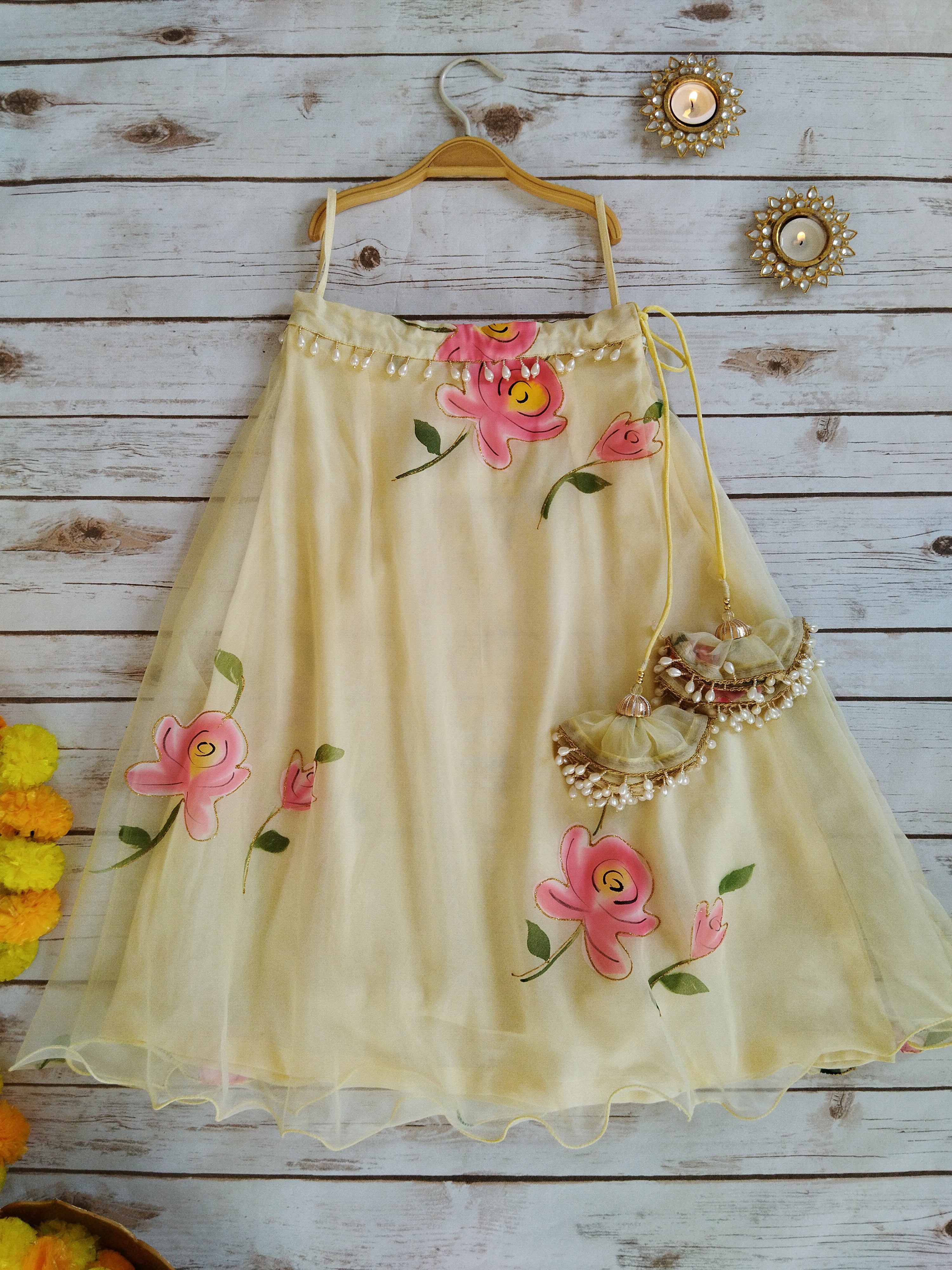 Yellow Handpainted Organza Kid's Lehenga