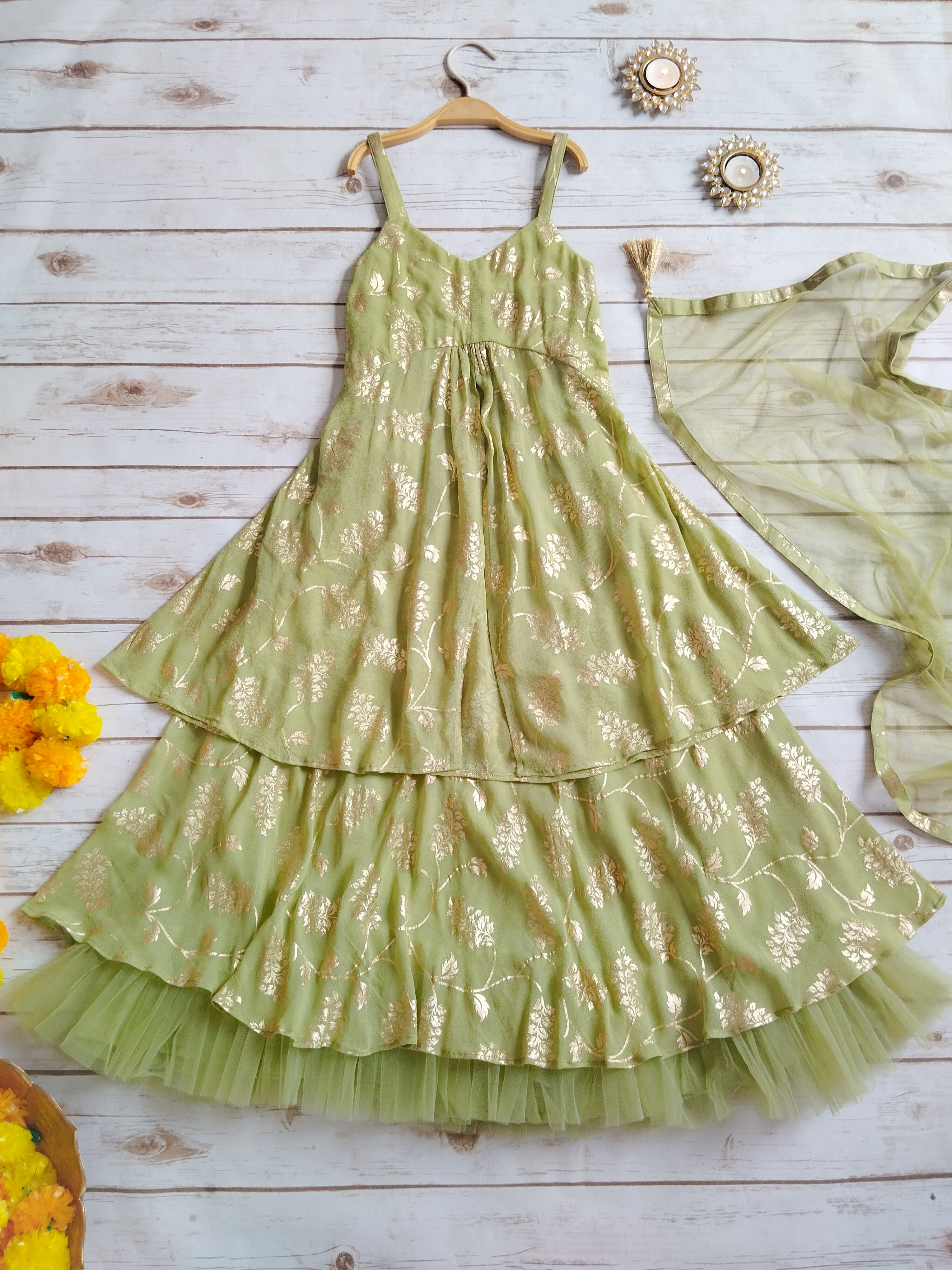 Olive Green Gold Foil Print Lehenga Kurti Set for Kids