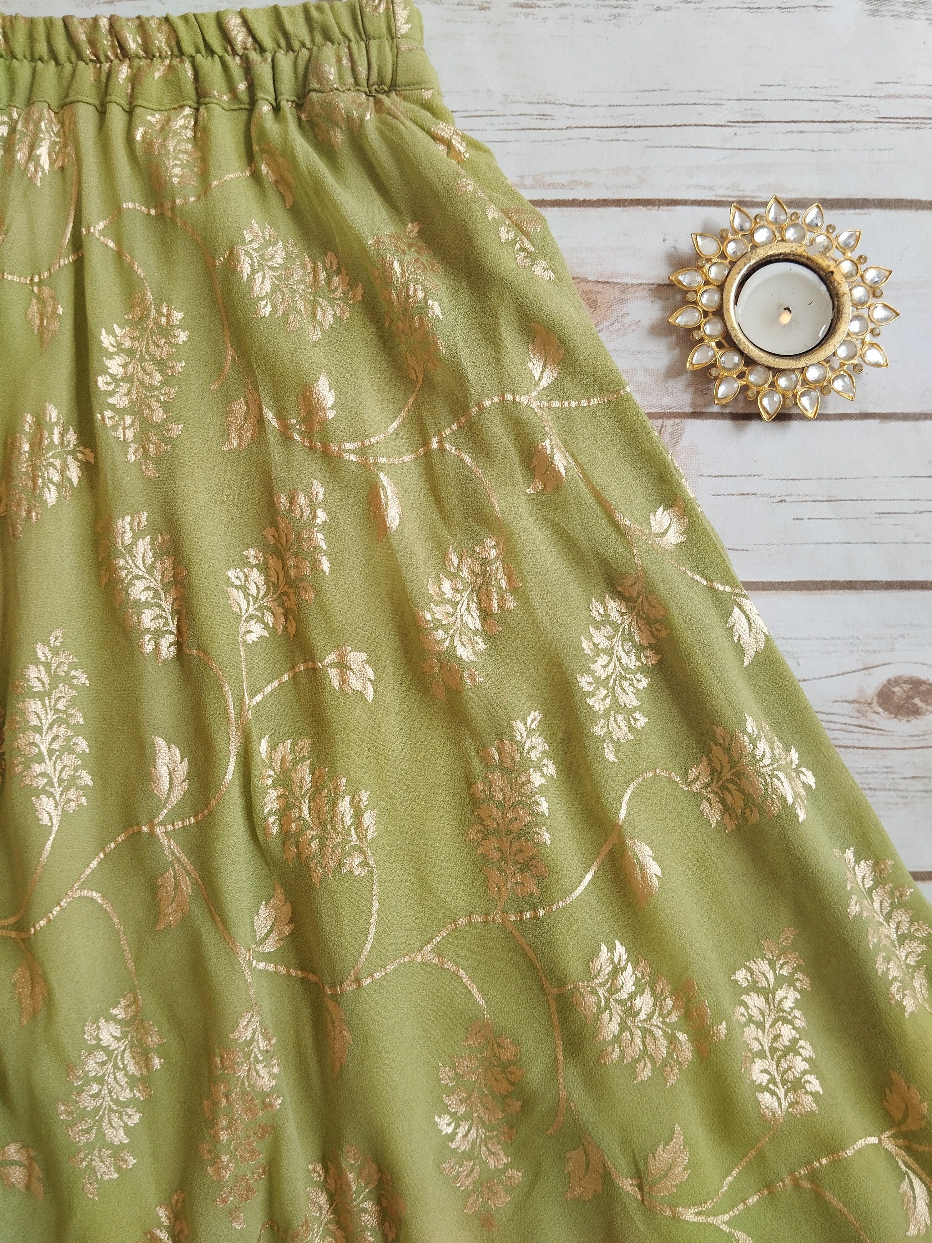 Olive Green Gold Foil Print Lehenga Kurti Set for Kids