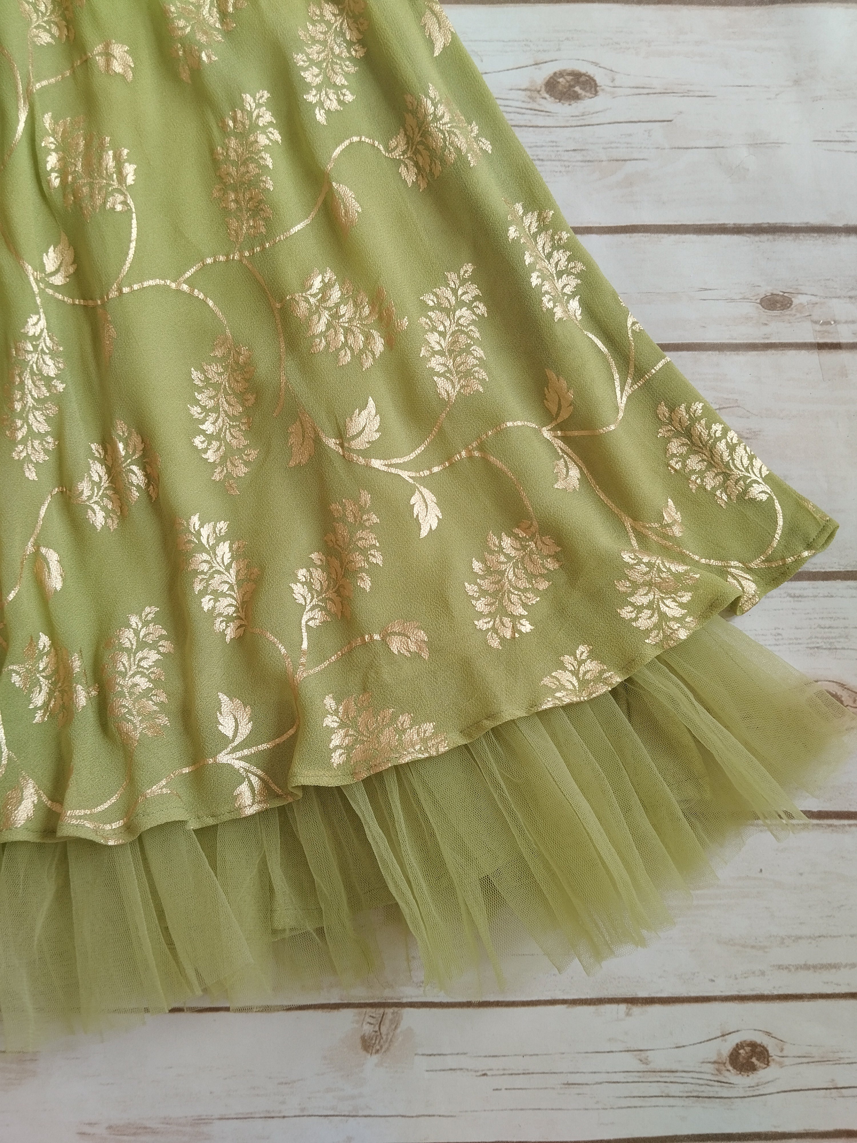 Olive Green Gold Foil Print Lehenga Kurti Set for Kids