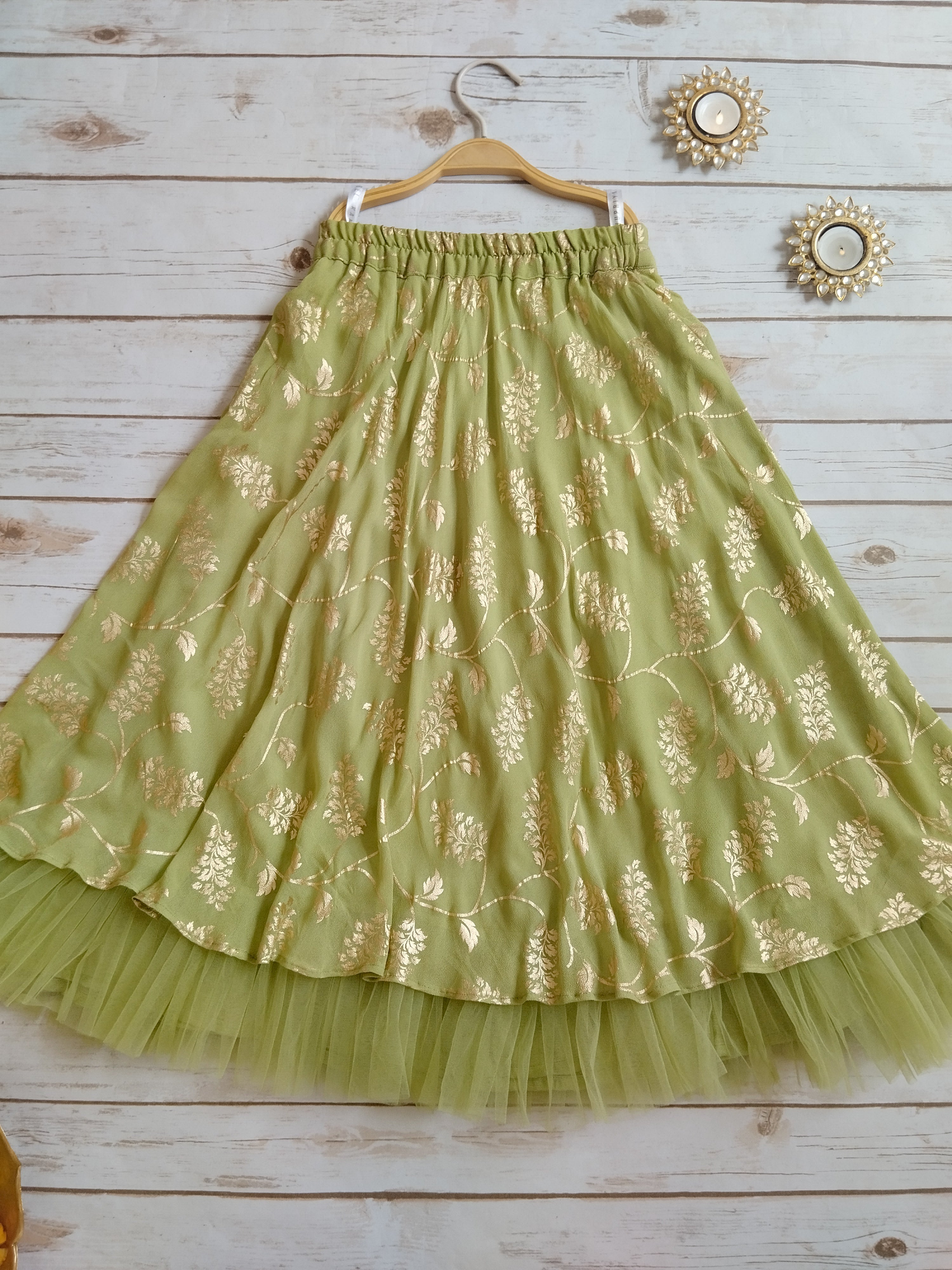 Olive Green Gold Foil Print Lehenga Kurti Set for Kids