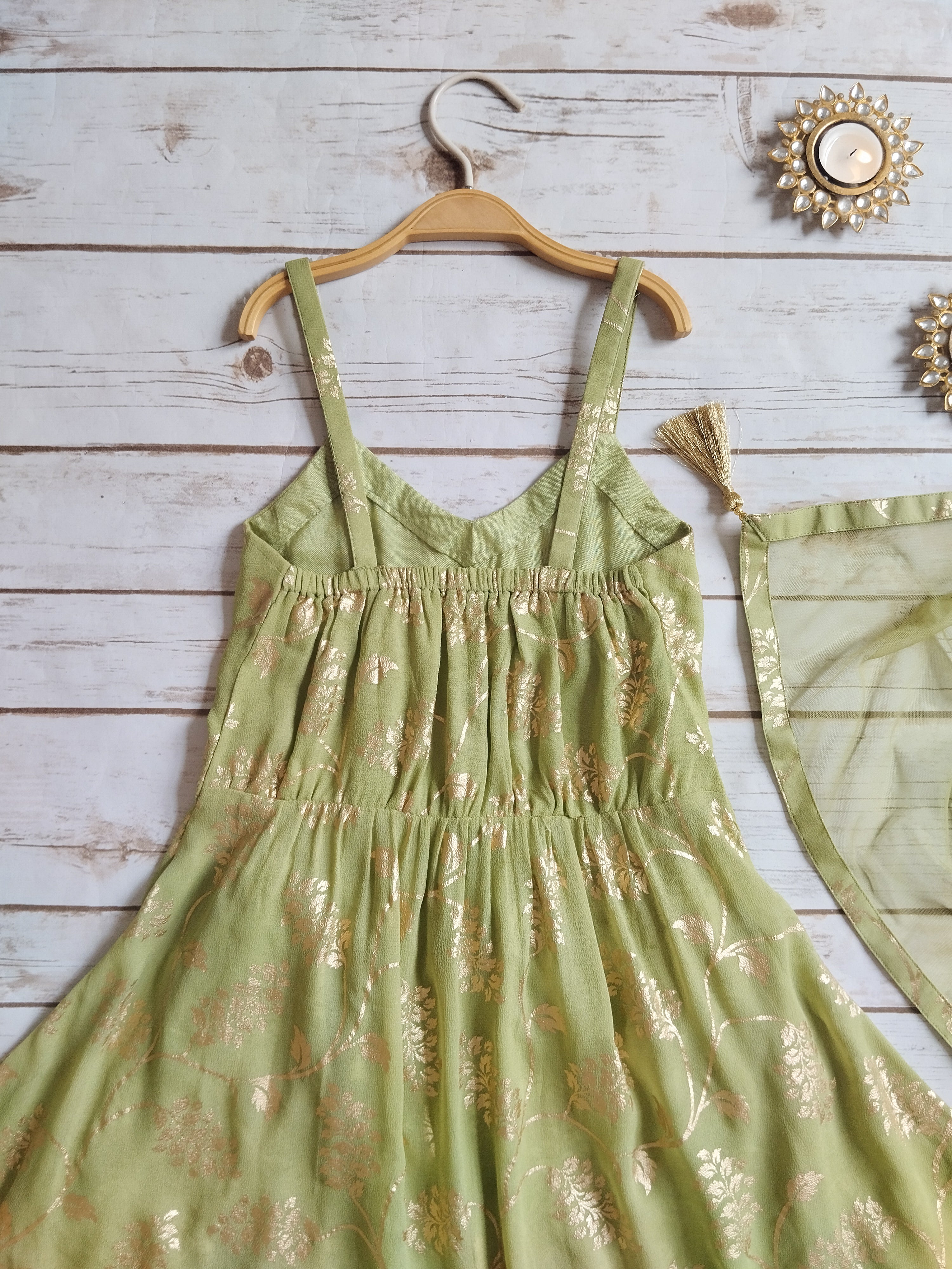 Olive Green Gold Foil Print Lehenga Kurti Set for Kids