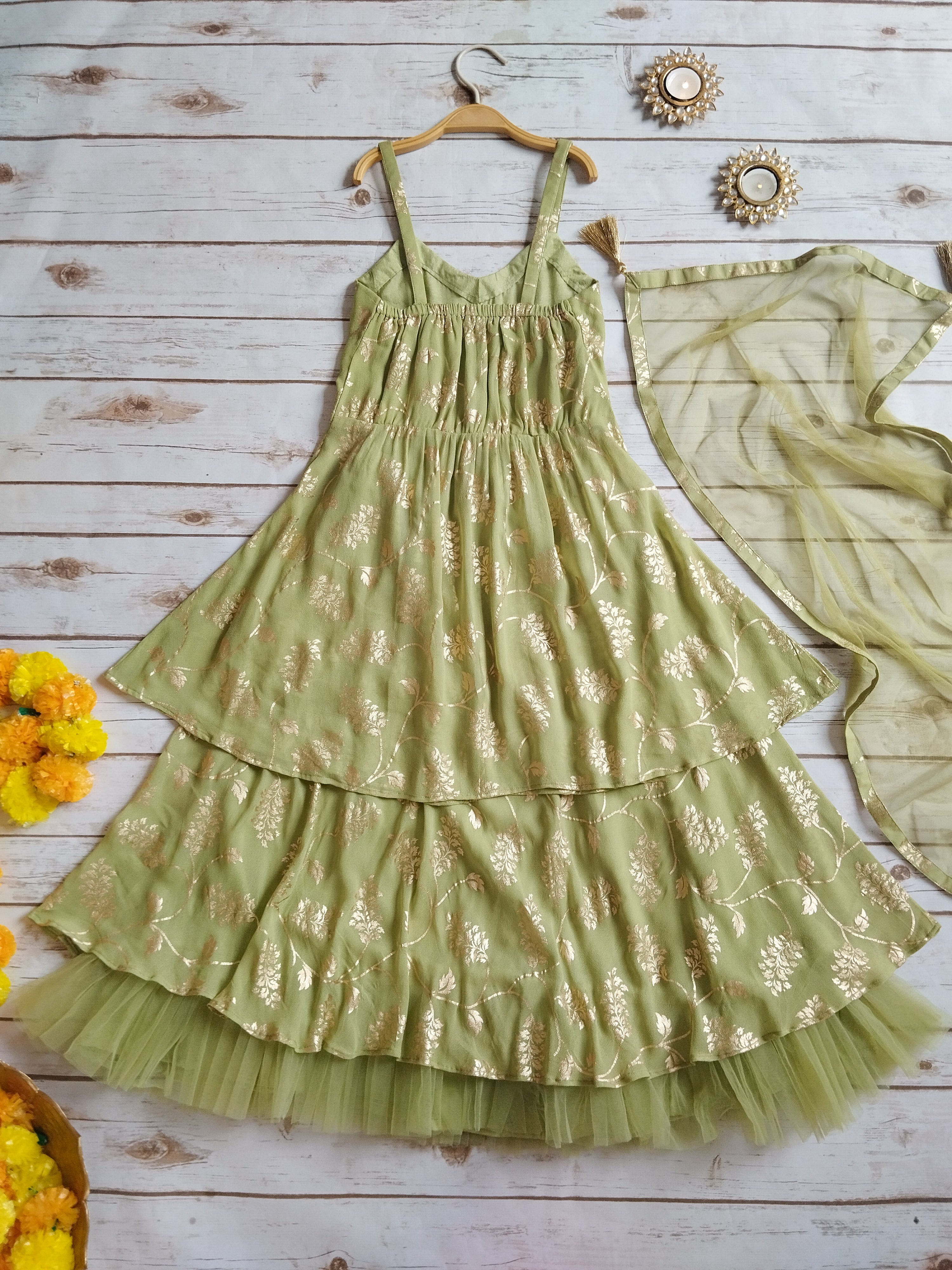 Olive Green Gold Foil Print Lehenga Kurti Set for Kids