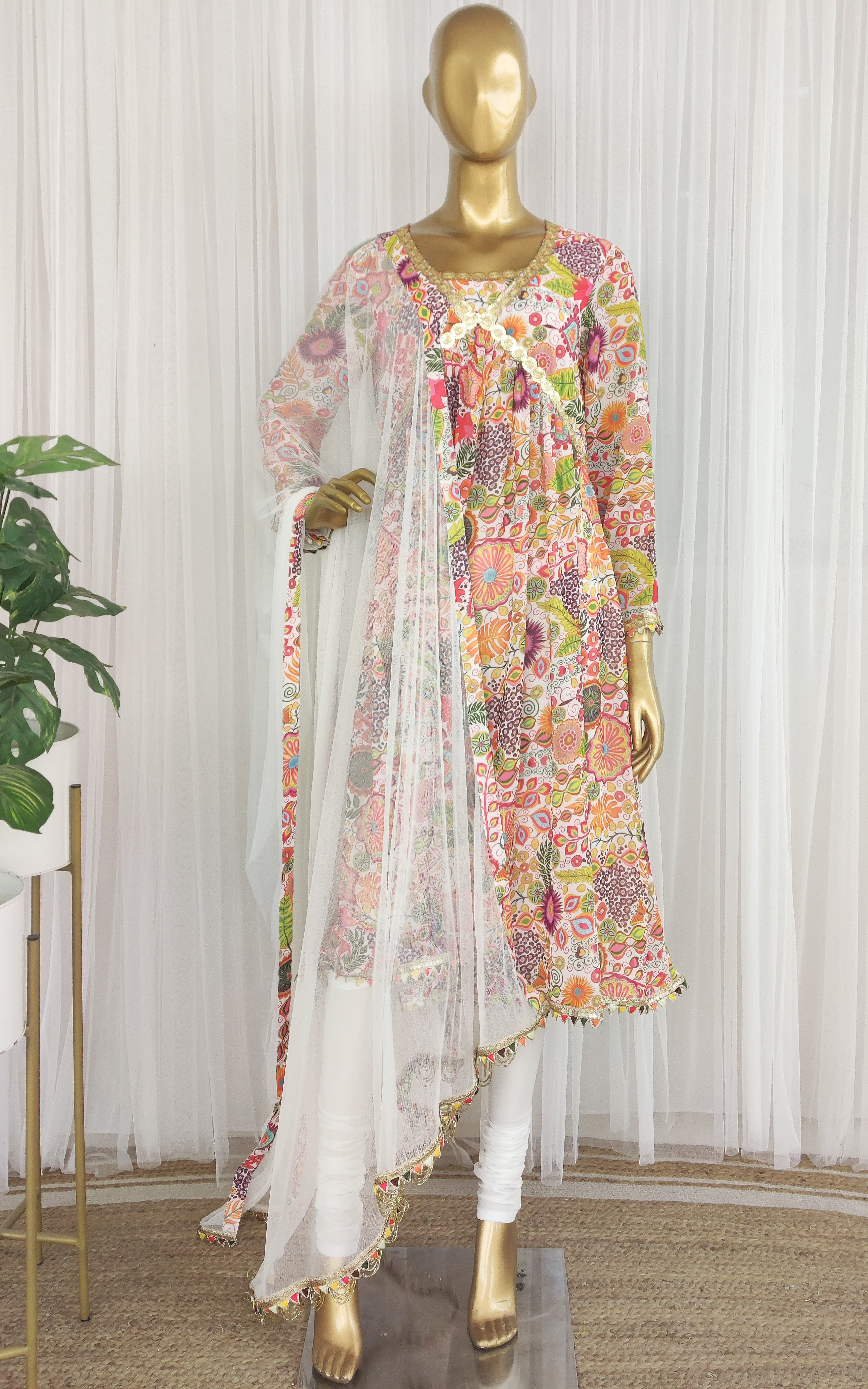 Off White Colorful Printed  Anarkali